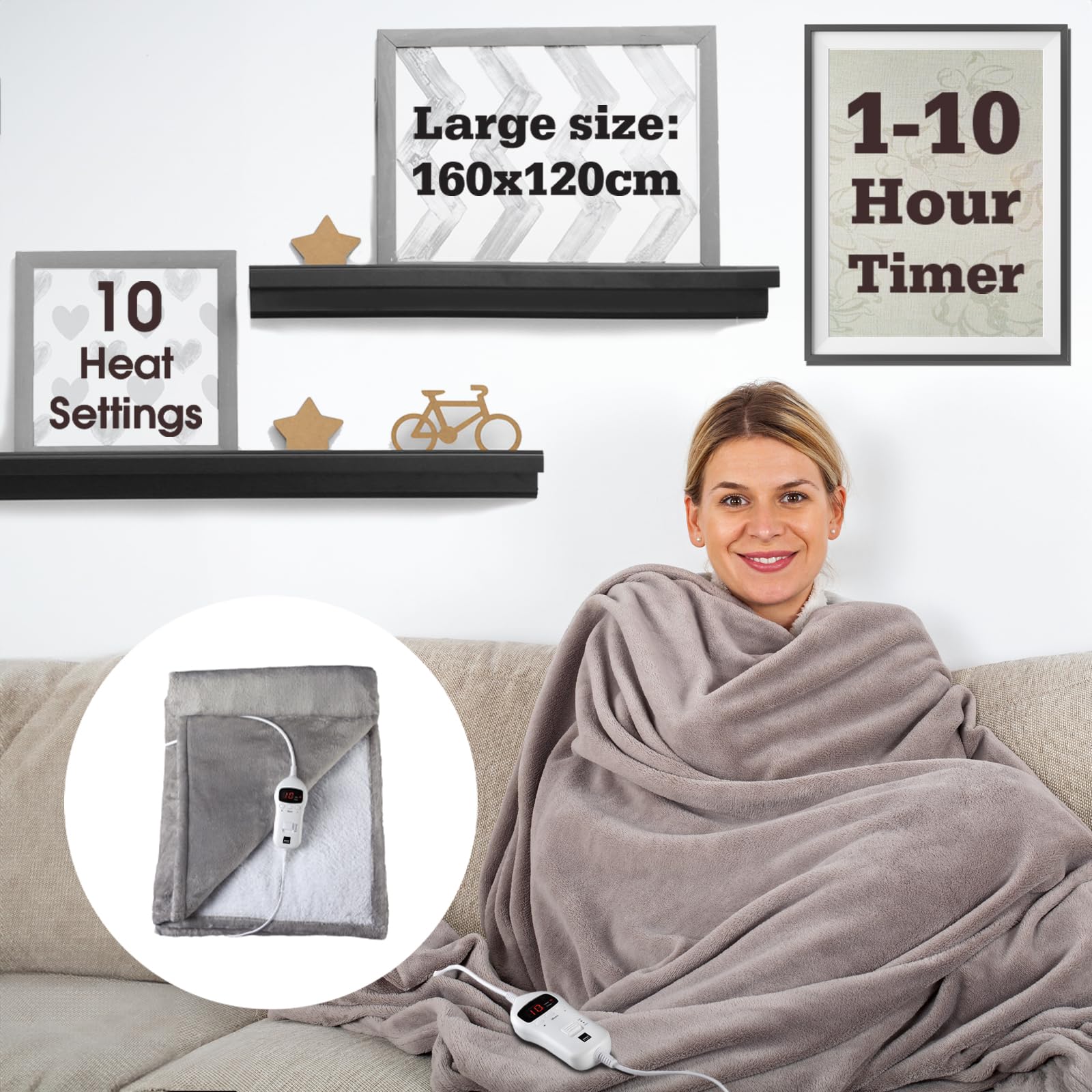 SENSIOHOME Szary, luksusowy elektryczny koc grzewczy, flanelowy polar z efektem pluszowego wnętrza, można prać w pralce, cyfrowy pilot zdalnego sterowania z 10 poziomami ciepła i timerem