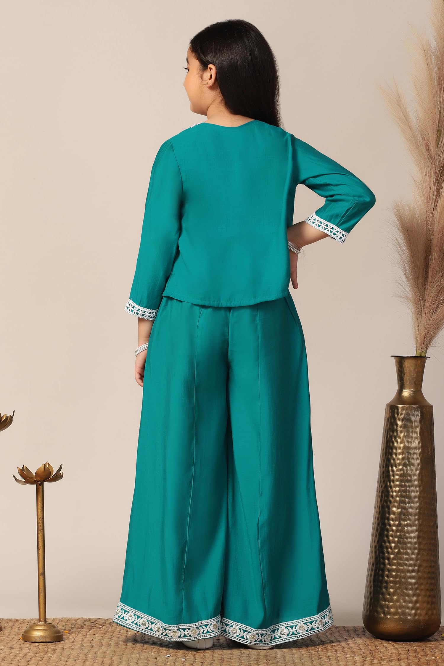 Jwalin Girls Silk Blend Embroidered Salwar Suit Set|Ethnic Set for Girls (JWGSET00235 TEL 36_Teal_11-12 Years) - Image 2 thumbnail