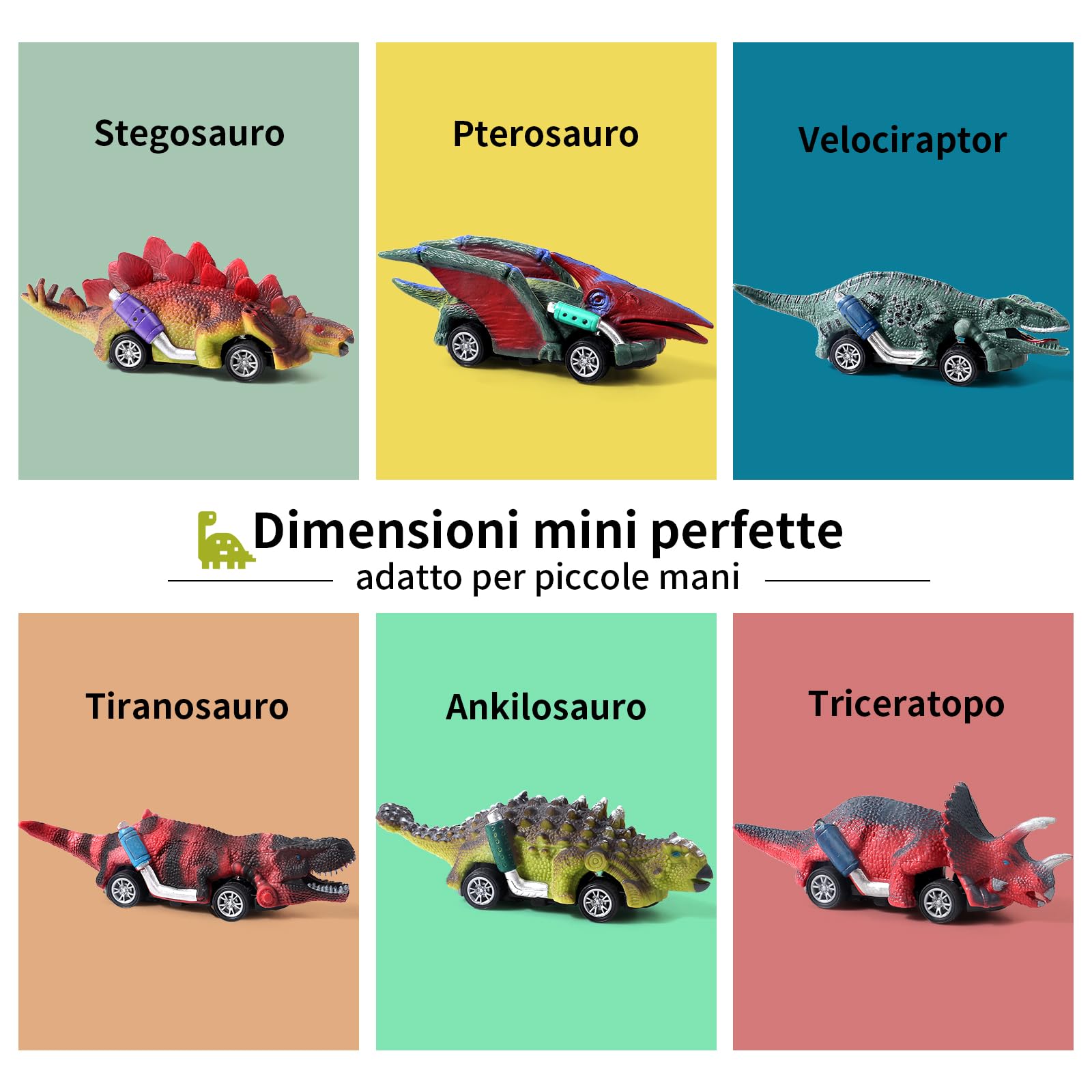 AIQI Dinosauro Macchinine Giocattoli per Bambini, 6 Pezzi Dinosauro Giocattolo Tirare Indietro Auto, Auto Pull Back con Dinosauri Giocattolo Regali per Ragazzi Ragazze di 3 4 5 6 7 8 Anni