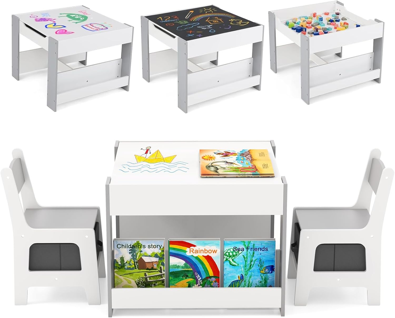 LDAILY Kids Table and Chairs, 4 in 1 Wooden Activity Table with Bookshelves, Storage Drawer, Reversible Tabletop & Chalkboard, Toddler Table and Chair Set for Drawing, Reading, Game, Crafts (Gray)