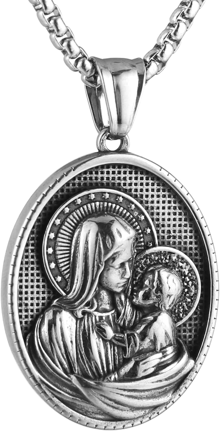 HZMAN Stainless Steel St Joseph/Mary/Jesus Necklace for Men Women Christian Medal Amulet Pendant Jewelry Gift