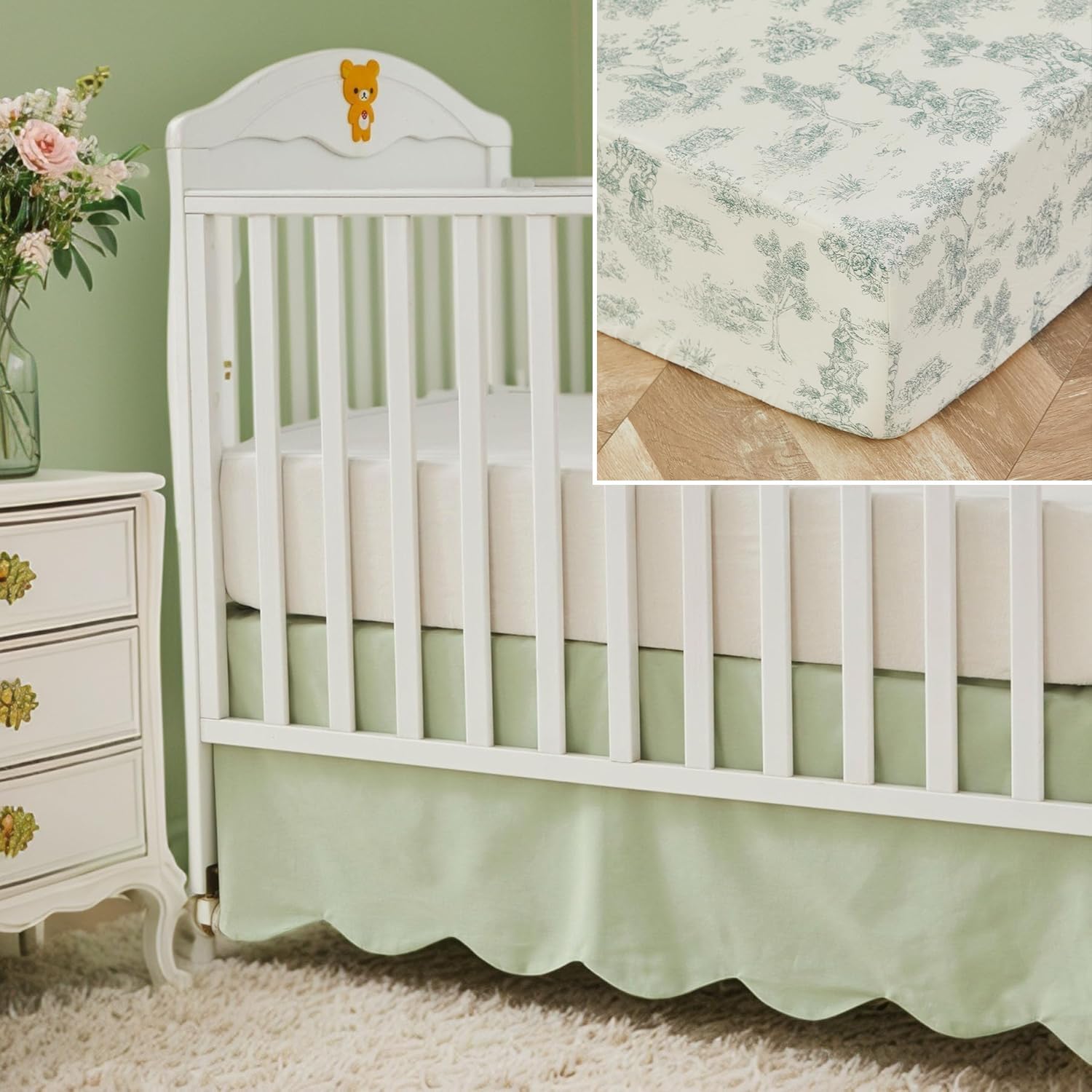 Brandream Crib Sheet & Crib Bed Skirt Dust Ruffle Toile French Country Chic 100% Cotton Baby Nursery Bedding Set