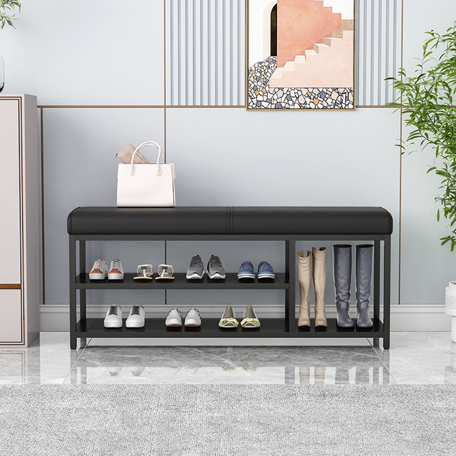 GDMDPTE Stylish Upholstered Shoe Rack Bench with Cushioned PU Leather Seat & Sturdy Metal Legs Entryway Storage nizer for Hallway & Living Room (Black 100cm)