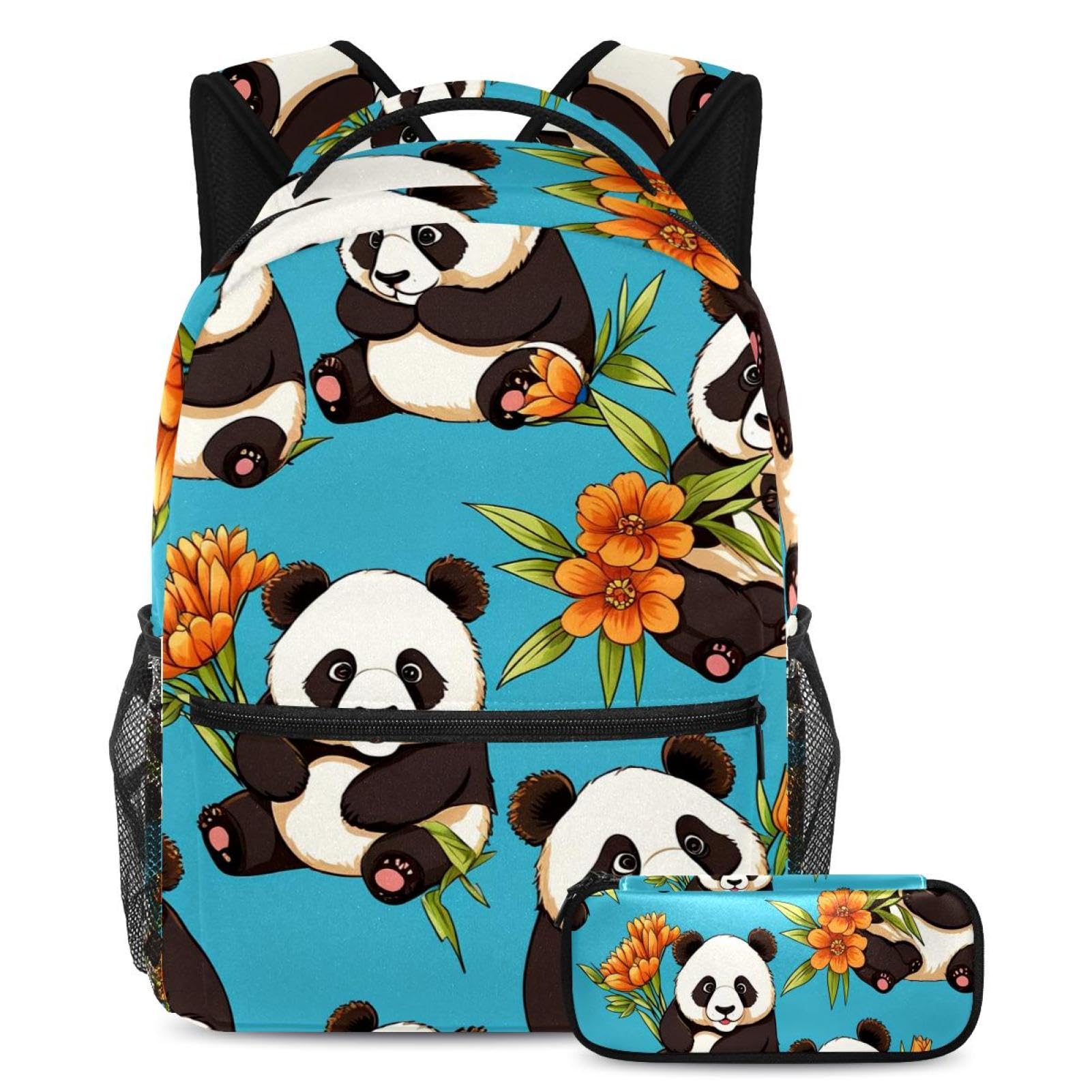 Ensemble sac à dos scolaire grande capacité et trousse à crayons panda bleu