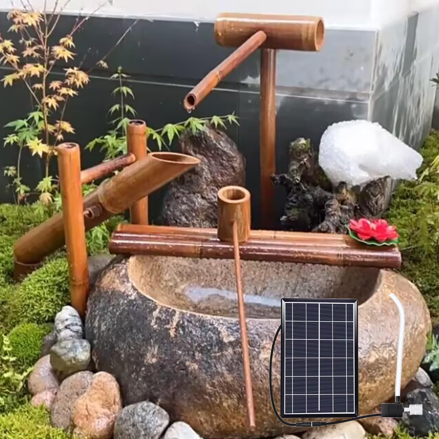 Indoor Outdoor Bamboo Fountain, Bamboo Traditional Japanese Rocking Water Fountain, Zen Garden Decor with Water Pump, 6W Solar Panel, 2M Tube, for