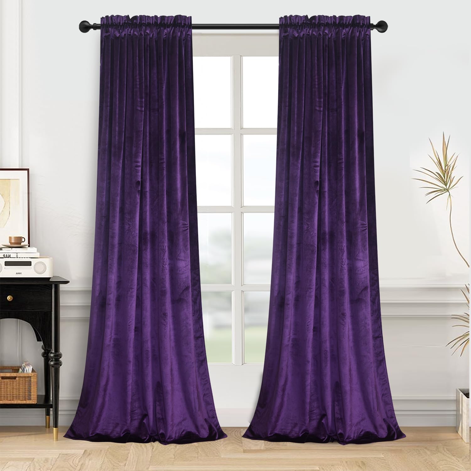 Roslynwood Purple Velvet Curtain 63 inches Long - Curtains Block Light Privacy Rod Pocket Thermal Insulated Window Drapes Panels for Bedroom/Living Room,W52 by L63 inches, 2 Panels — image 1