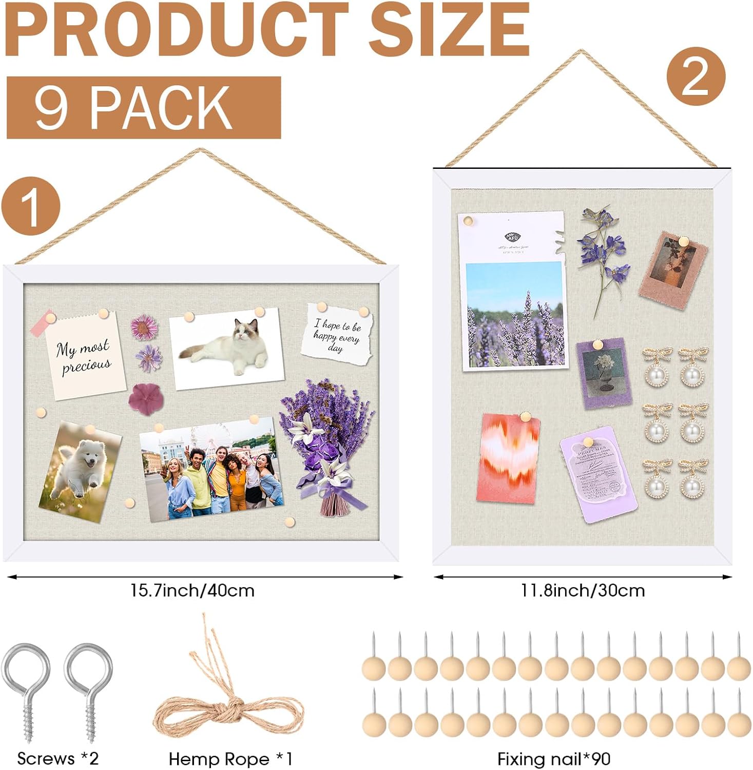 Teling 9 Pack Wood Bulletin Boards with Linen 12''x 16'' Cork Board for Walls with 90 Pushpin Decorative Wood Framed Display for School Office Home Decor (White)