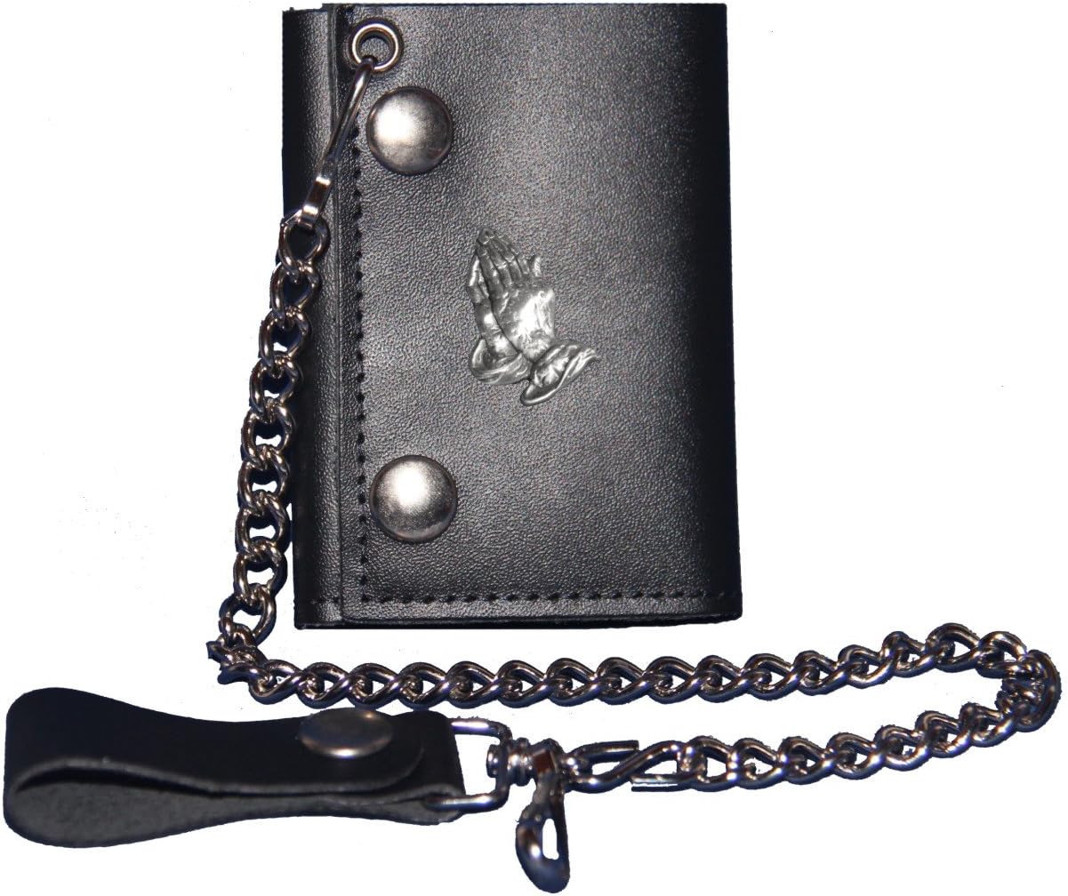 Custom Praying Hands, Black Trifold Chain Wallet. MADE IN USA