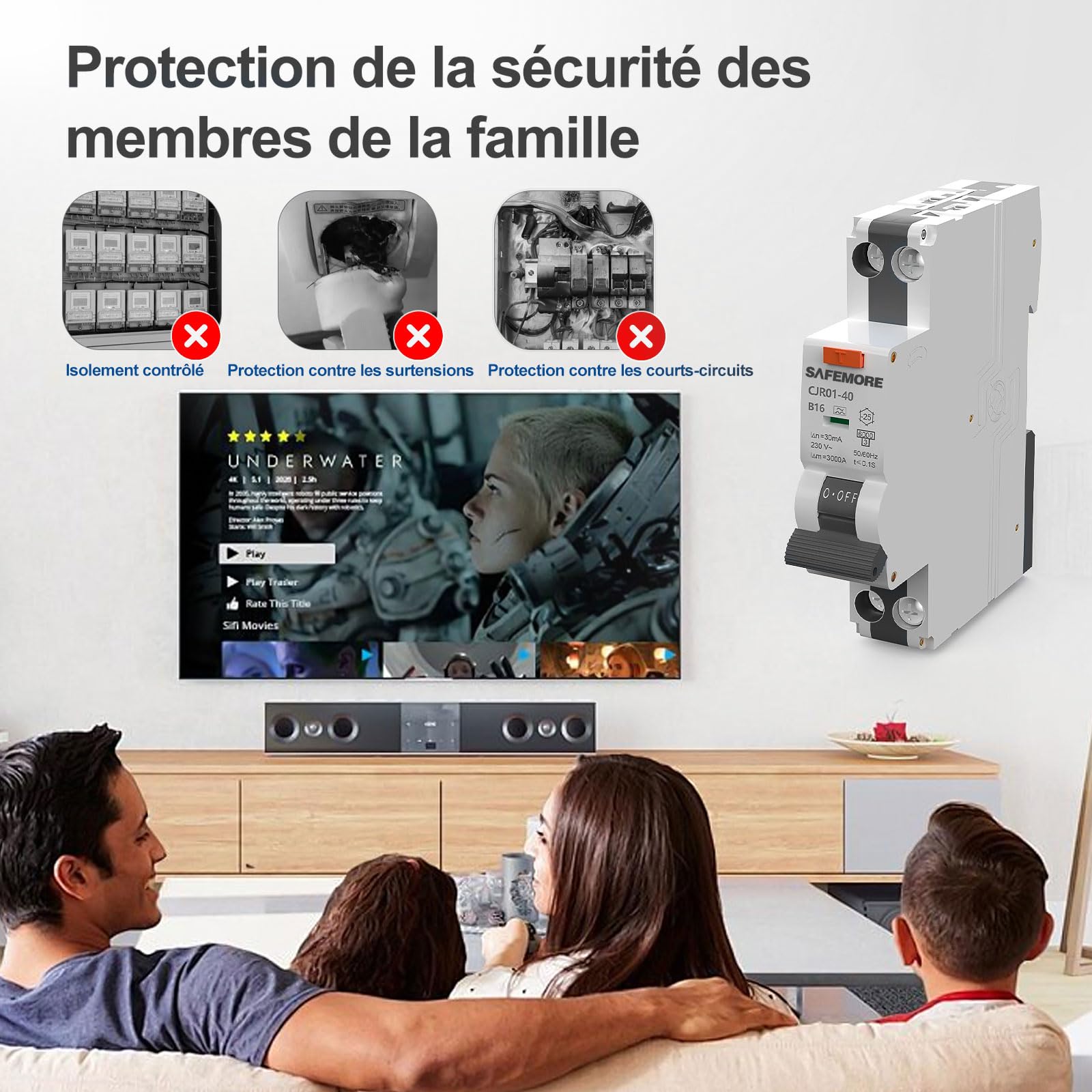 Disjoncteur Différentiel RCBO 16A 30mA Type A 1P+N, SAFEMORE Interrupteur différentiel Courbe B - Haute Sensibilité - Rail DIN, Homologué TÜV
