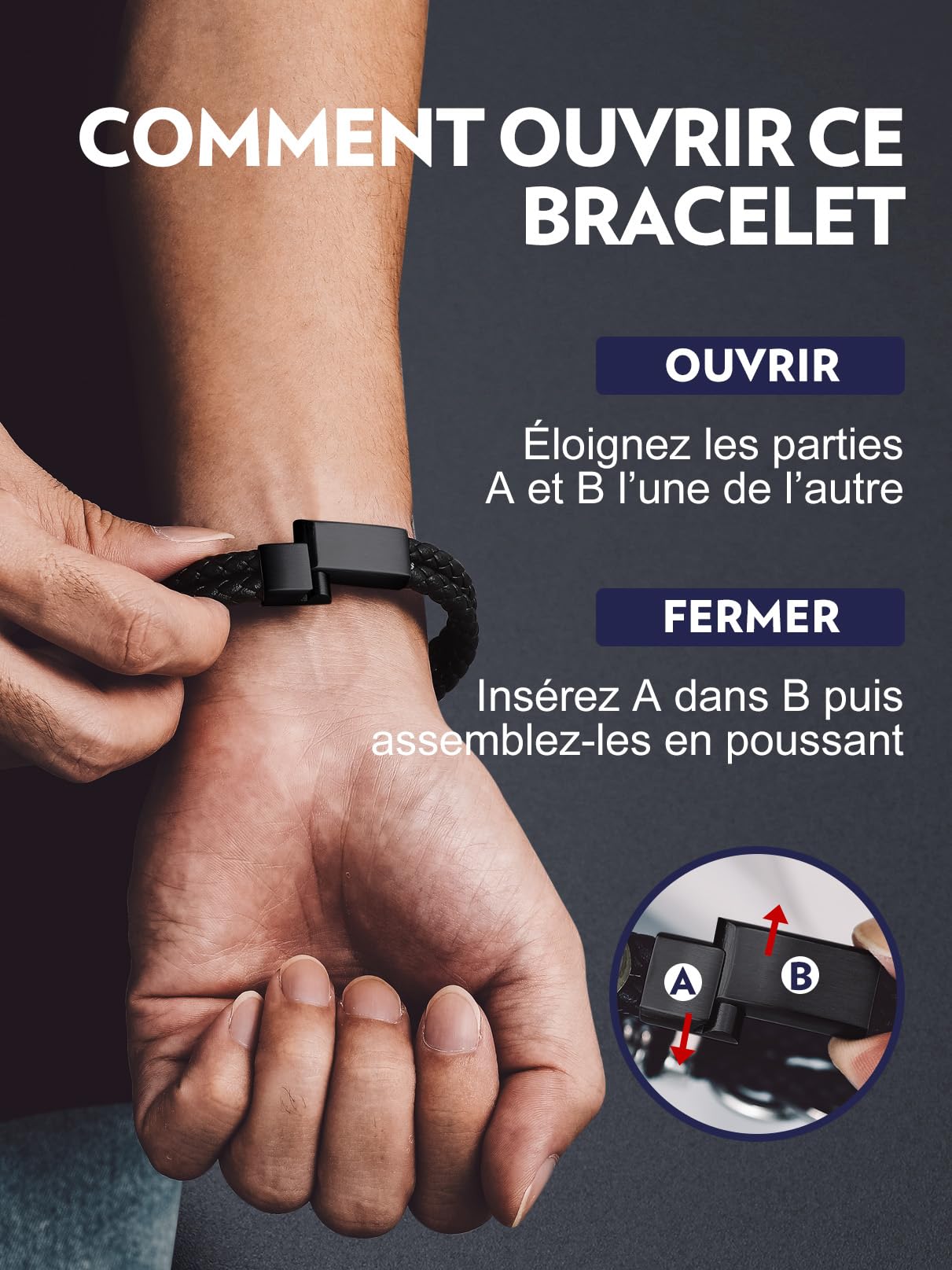 Bandmax Bracelet en Cuir Homme 19/21/23cm avec Carte Cadeau FR, DE, ES, IT - Bracelet Tressé Argenté/Noirt avec Nœud Concentrique, Cadeau pour Papa/Mari/Frère/Couple