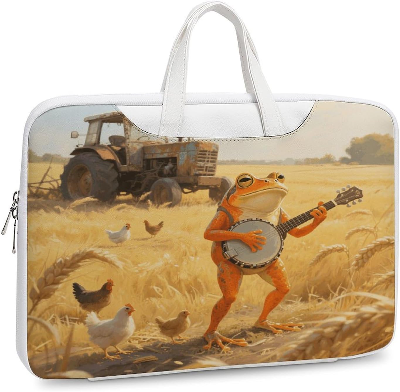 Orange Frog Playing Banjo 42x30.5cm White-style Laptop Bag Leather Tablet Computer Briefcase Large Capacity Work Business Tote Bags for Office