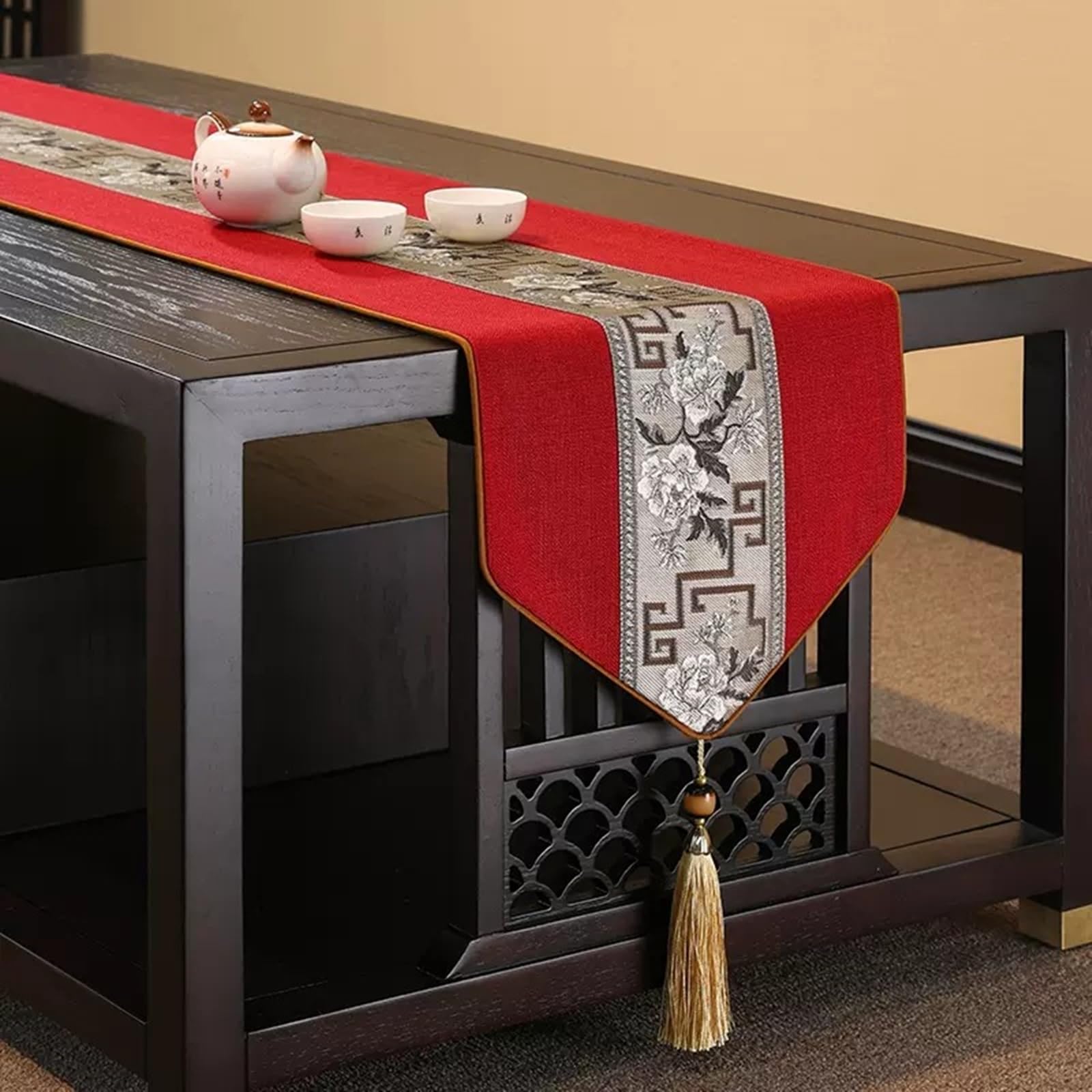 Rot Kaffee Tischläufer Baumwolle Leinen, Moderne Tischläufer Abwaschbar Mittlerer Gestreift Gestickt Blumen Muster mit Quasten Tischdecke für Esszimmer Dekor, 33x180 cm, Rot Kaffee