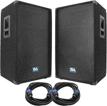 Seismic Audio - SA-15T-PKG21 - Pair of 15" PA/DJ Speakers with Two 25 Speaker Cables - 15 Inch PA Speaker and Cables Bundle