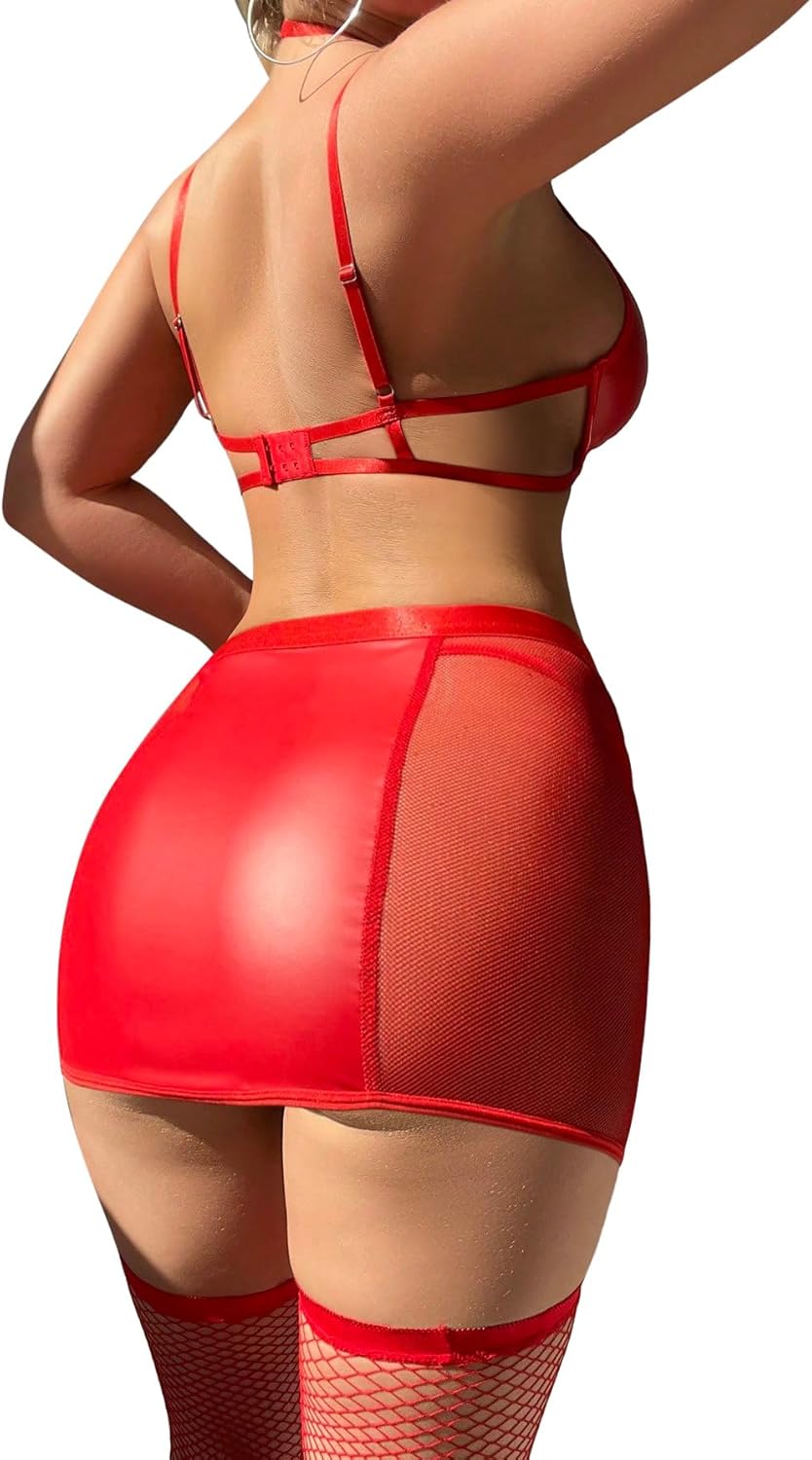 Sexy Cutout Halter Underwire Leather Mesh Sheer Mini Skirt Stocking Lingerie Set 4 Piece Outfits - Image 2