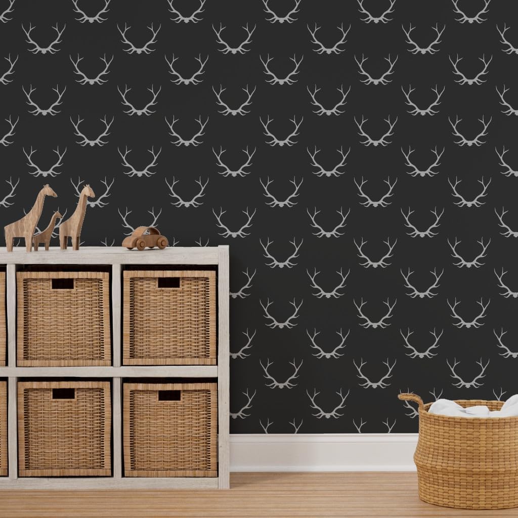 Peel & Stick Wallpaper 3ft x 2ft - Antlers Black Gray Buck Deer Woodland Lodge Custom Removable Wallpaper by Spoonflower
