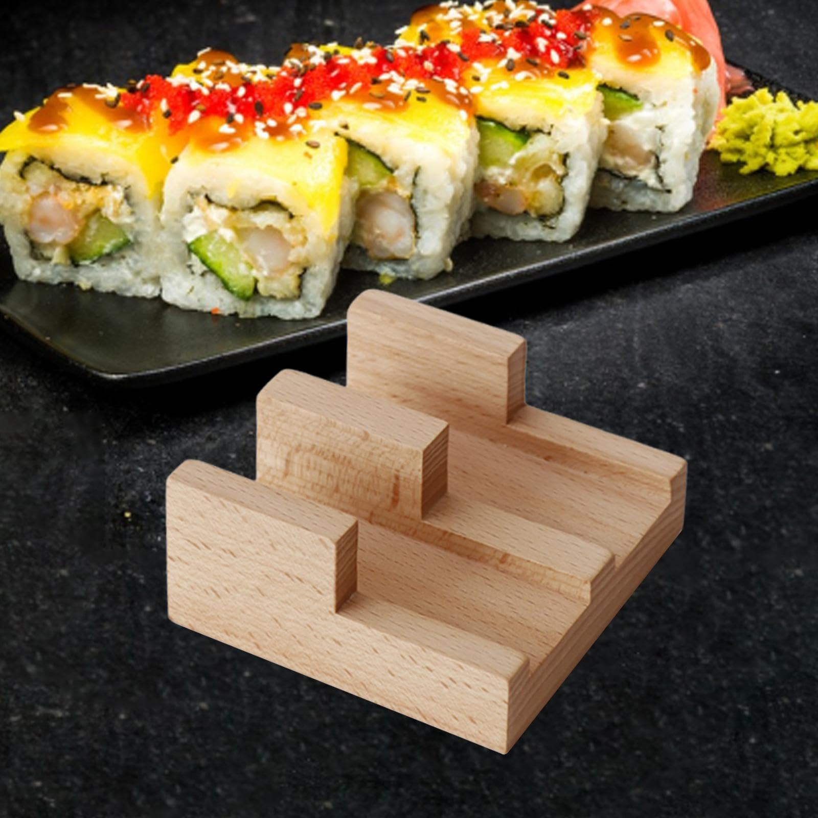 ?????? Wood Sushi Tacos Holder Platter Japanese Design Elegant Ornament Serving Tray Display Stand for Dining Room Themed Party Home, 2 Grid