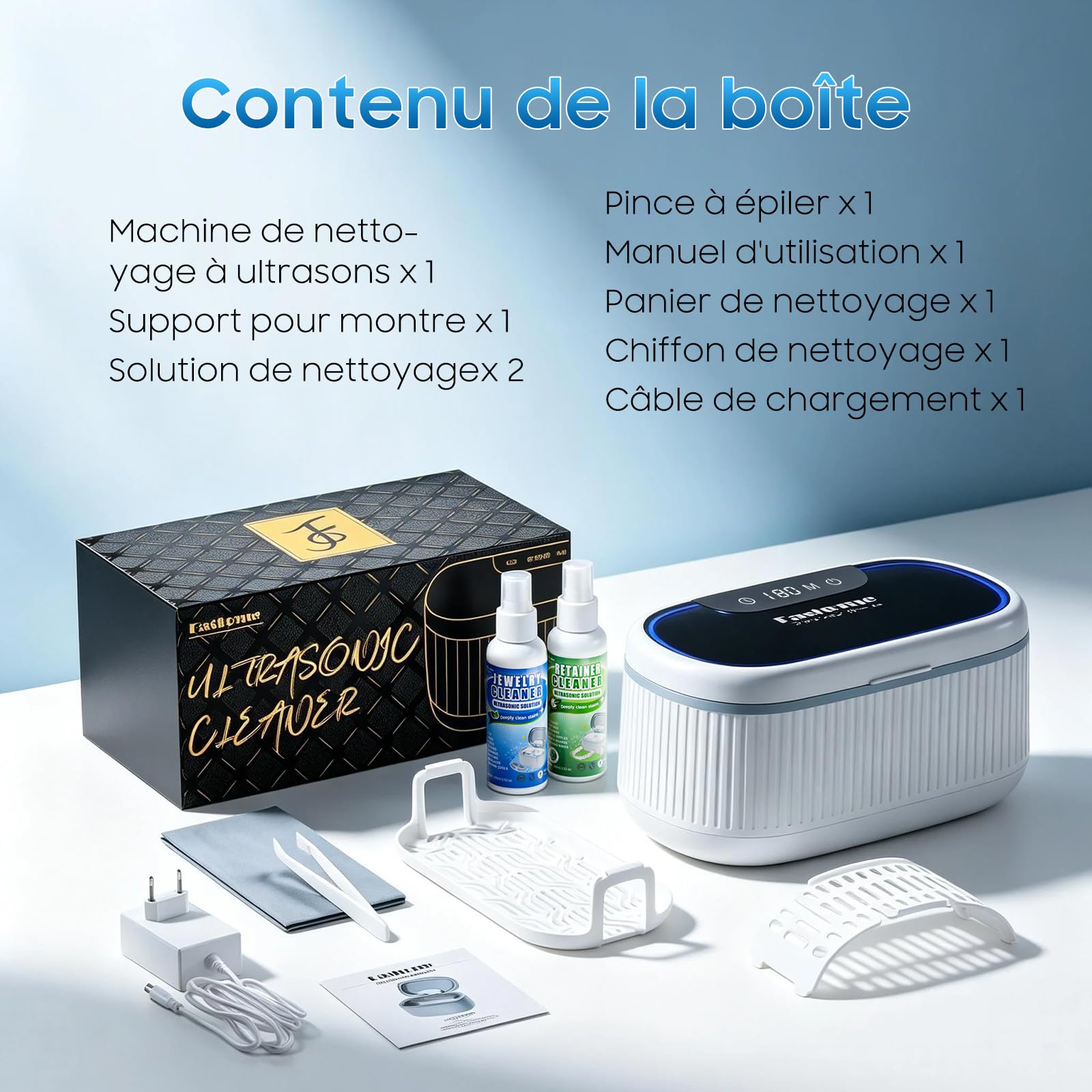 Fashome Nettoyeur Ultrasons 45KHz, 3 modes, cuve en acier inoxydable de 550 ml avec 2×100 ml de solution de nettoyage, adapté aux bijoux, lunettes, bagues, prothèses dentaires, élégant coffret cadeau