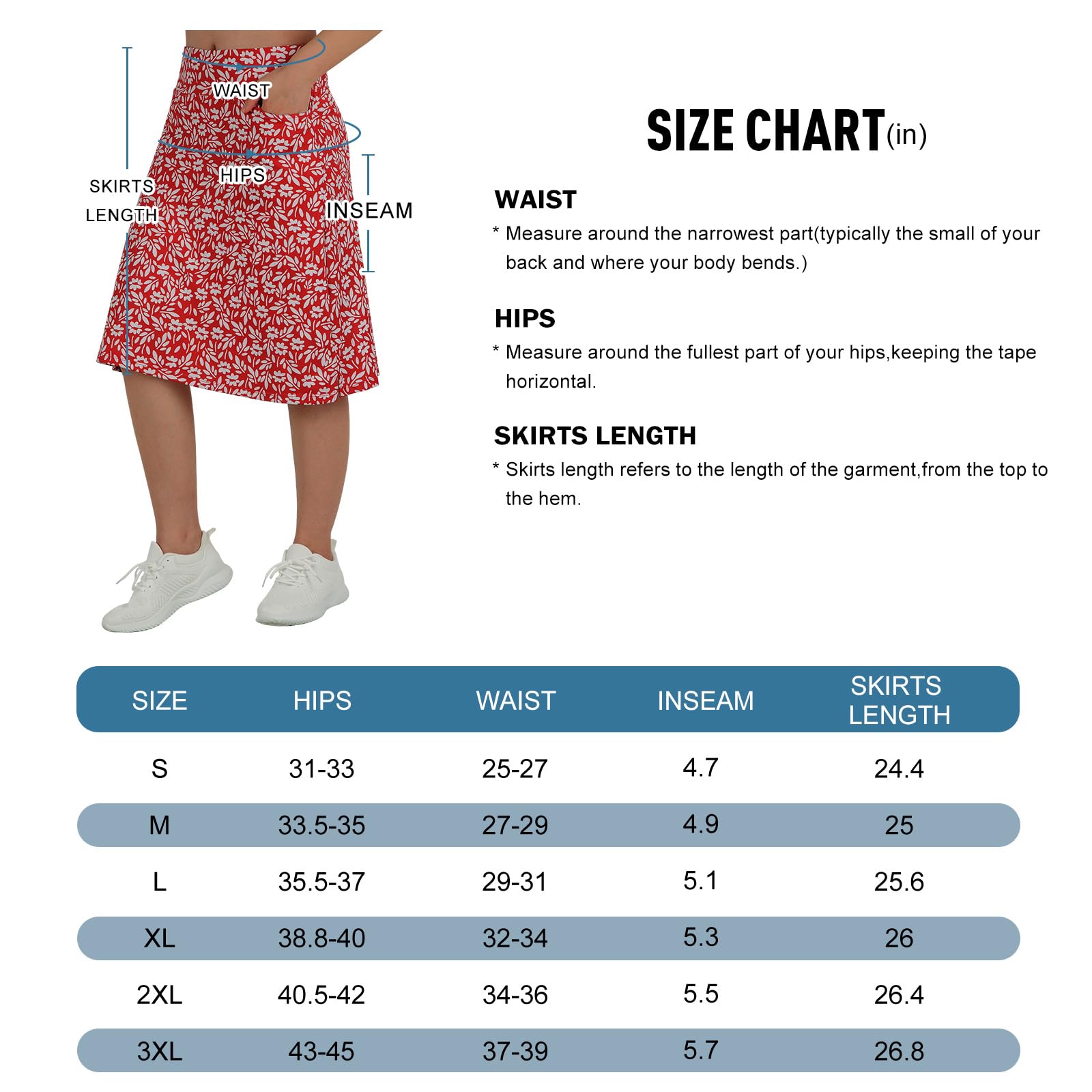 beroy Jupe-Short mi-Longue pour Femme avec 3 Poches, Jupes modestes pour Femme, Longueur Genou de 61 cm, Motif Floral Rouge et Blanc., Taille L