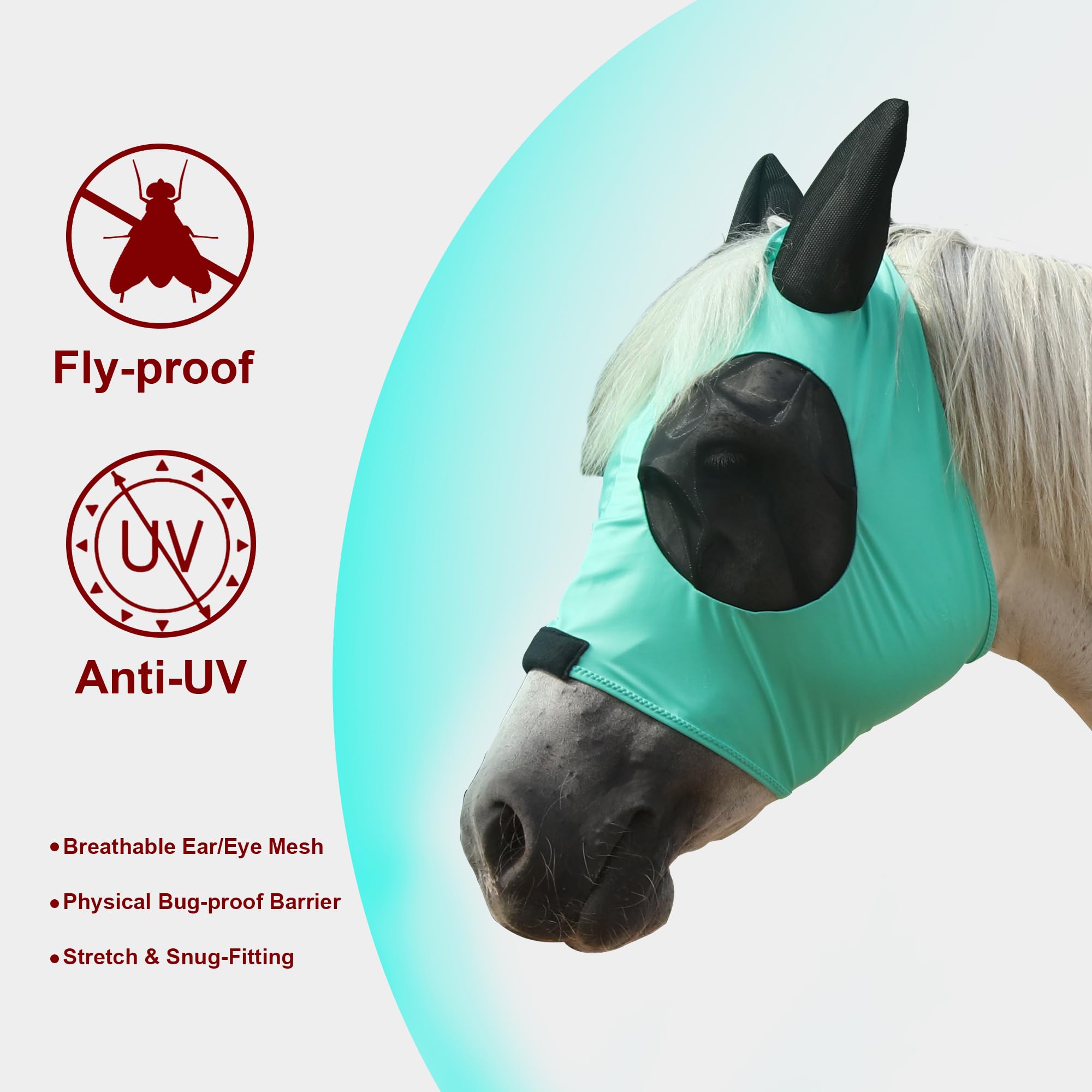 Leberna Horse Fly Mask with Ears Smooth and Elasticity Fly Mask with UV Protection (Green, Cob) - Image 3