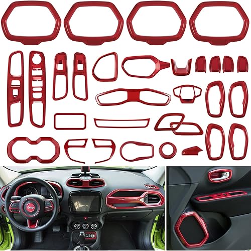 31 PCs Car Interior Accessories Trim - Air Conditioning Vent Decoration & Door Speaker & Water Cup Holder & Headlight Switch & Window Lift Button Covers Fit for Jeep Renegade 2015-2021 (Red)