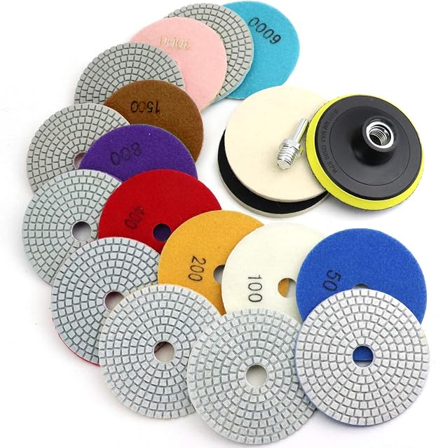 4 Inch Diamond Polishing Pads with 5/8-11 Backer Pad, 12PCS Wet/Dry Granite Stone Polish Pad Kit for Drill, Grinder, Polisher, 50-6000 Grit Polishing Pad for Concrete Marble Stone Countertop Quartz