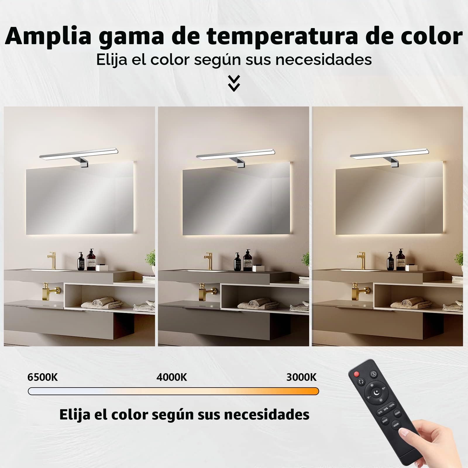 KYOTECH Lámpara LED de Espejo Baño Regulable Con Control Remoto 40cm 12W 800LM 3000K-6500K Iluminación para espejo Impermeable IP44 LED Espejo Baño Iluminación para Maquillaje con Interruptor