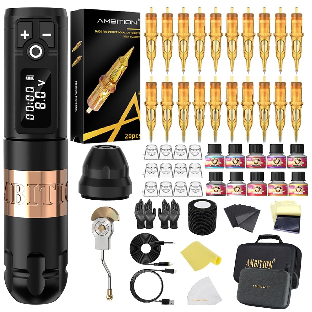Ambition Soldier Complete Tattoo Kit – Rotary Machine with 20 Glory Cartridges, Practical Skin and Tattoo Ink for Beginners and Artists gold
