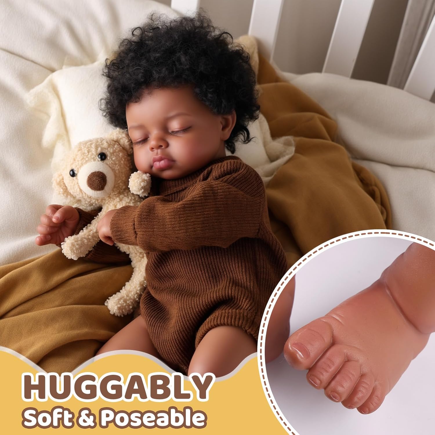 BABESIDE Black Reborn Baby Dolls, 17 Inch Realistic Black Newborn Lifelike Real Life Baby Dolls Soft Vinyl & Cloth Body with Feeding Kit Gift Box for Kids Ages 3+