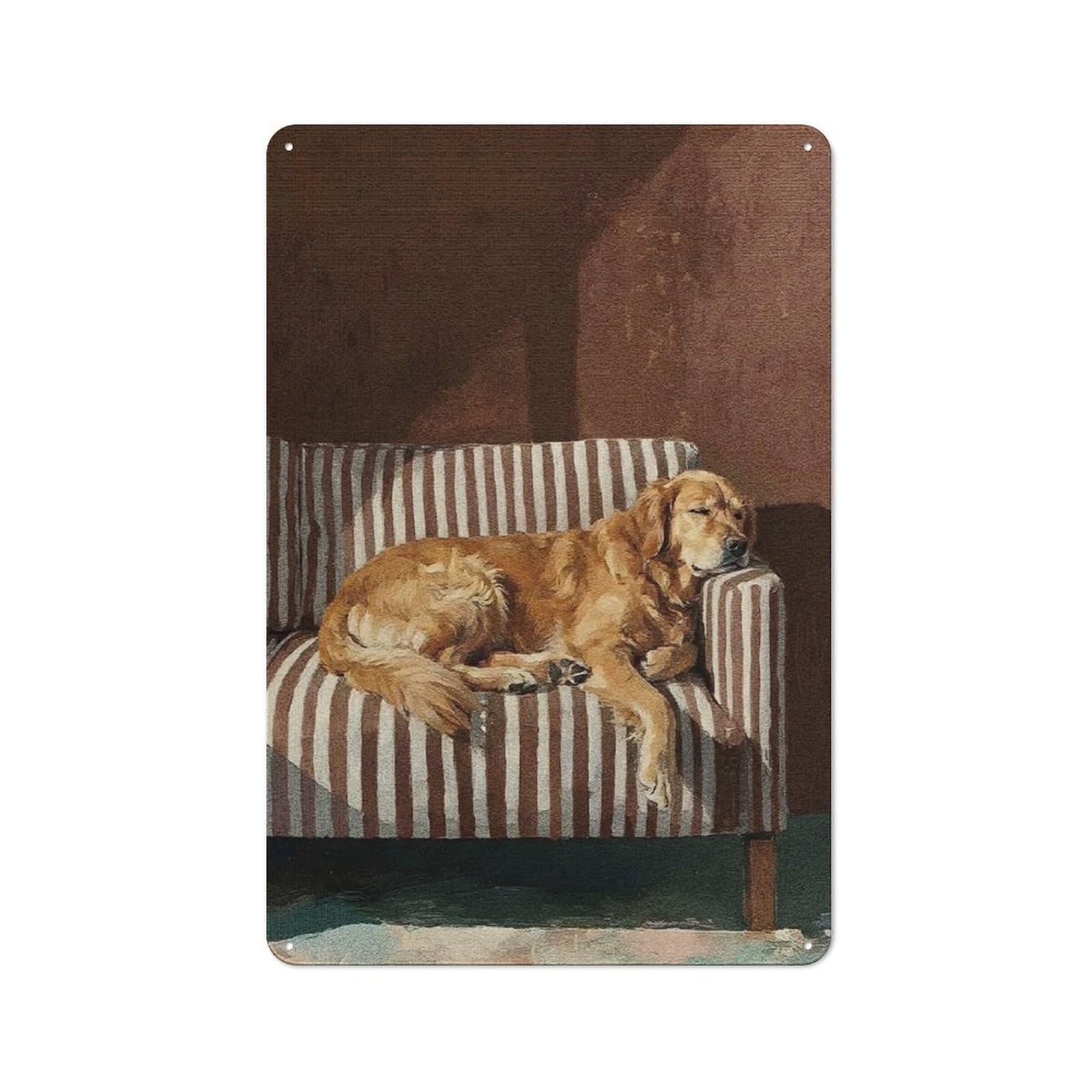 Junmoney Style-16 Retro Metal Wall Sign 30X20cm With Golden Retriever Sleeping On Striped Couch For Hallway Wall, Suited To Hallway Decor Lovers