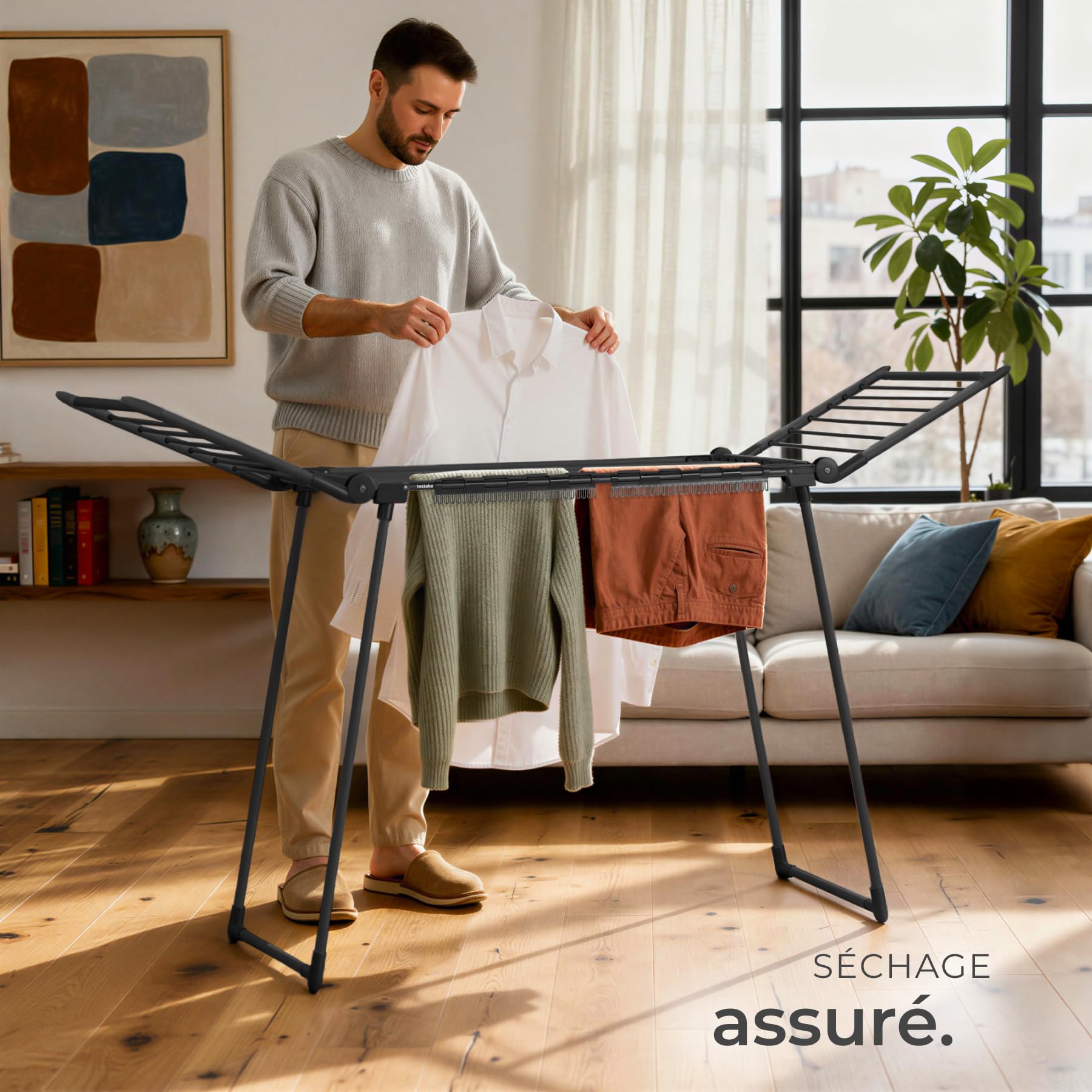 tectake® Etendoir Linge Interieur & extérieur Séchoir à Linge Pliable avec etendage de 1,80m, Etendoir Chaussette & Petites pièces Rangement buanderie pour lessive Organisation Maison - Noir