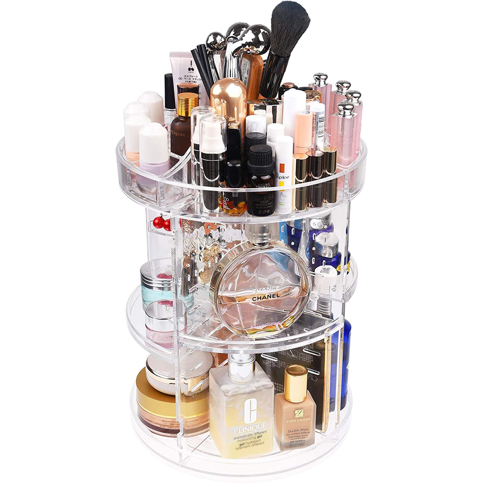HEWADY 360 Degree Acrylic Rotating Cosmetic case - Cosmetics, Personal Care Products and Other Storage - Adjustable Compartment, Removable Lipstick, Earrings