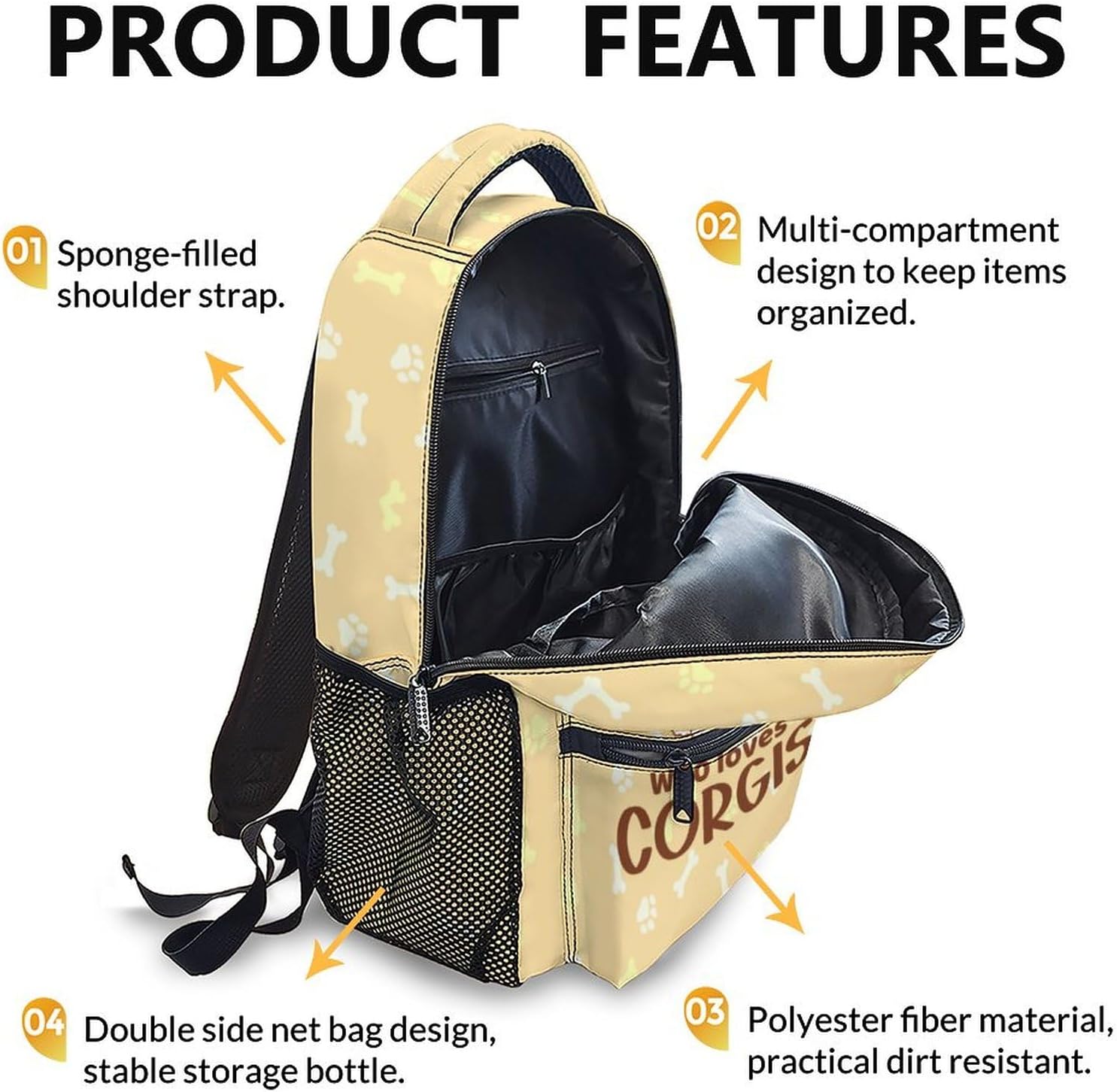 School Backpack for Kids - Corgi Backpack for Girls - 17" Cute Dogs Backpack - Yellow Large Capacity Lightweight Bookbag for Students Age 6-8