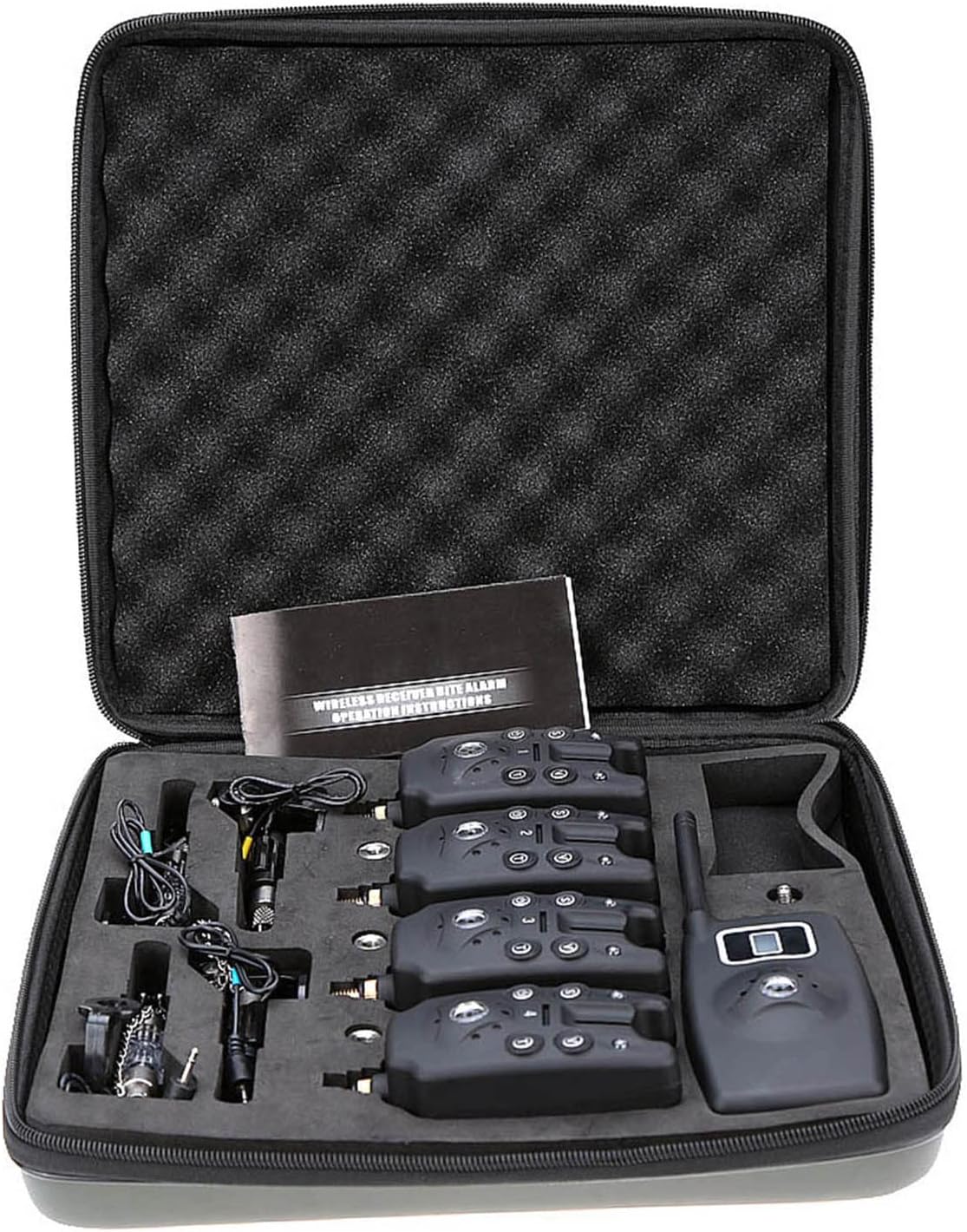 jy-19-SW Wireless Digital Fishing Alarm Set, 4 Bite Alarms 1 Receiver with LCD Screen 4 Stainless Steel Chain Hanger Illuminated Swingers in Case,