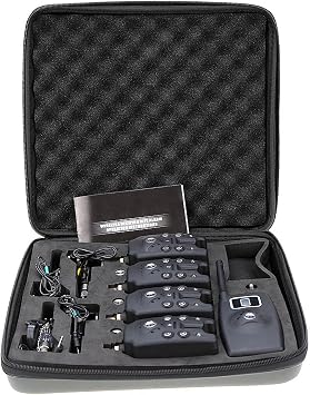 Digital Fishing LED Alarm Alert Set 4 Fishing Bite Alarm + 1 Receiver with LCD Screen Indicator + 4 Stainless Steel Chain Hanger Illuminated in Case Carp Fishing