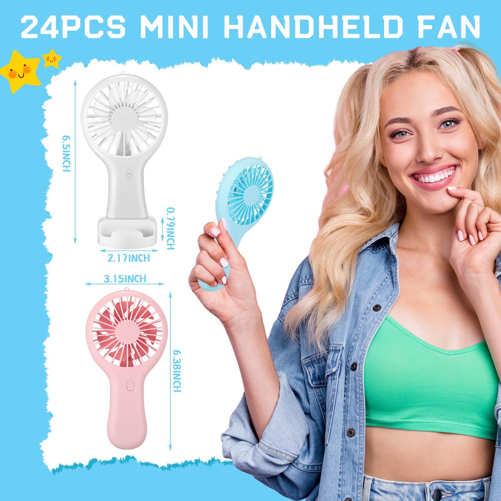 Woanger Mini ventilador de mano de 24 piezas, ventilador eléctrico USB a granel con cable de datos y base de montaje, funciona con pilas, ventilador de mano, ventilador portátil de 3 velocidades, mini