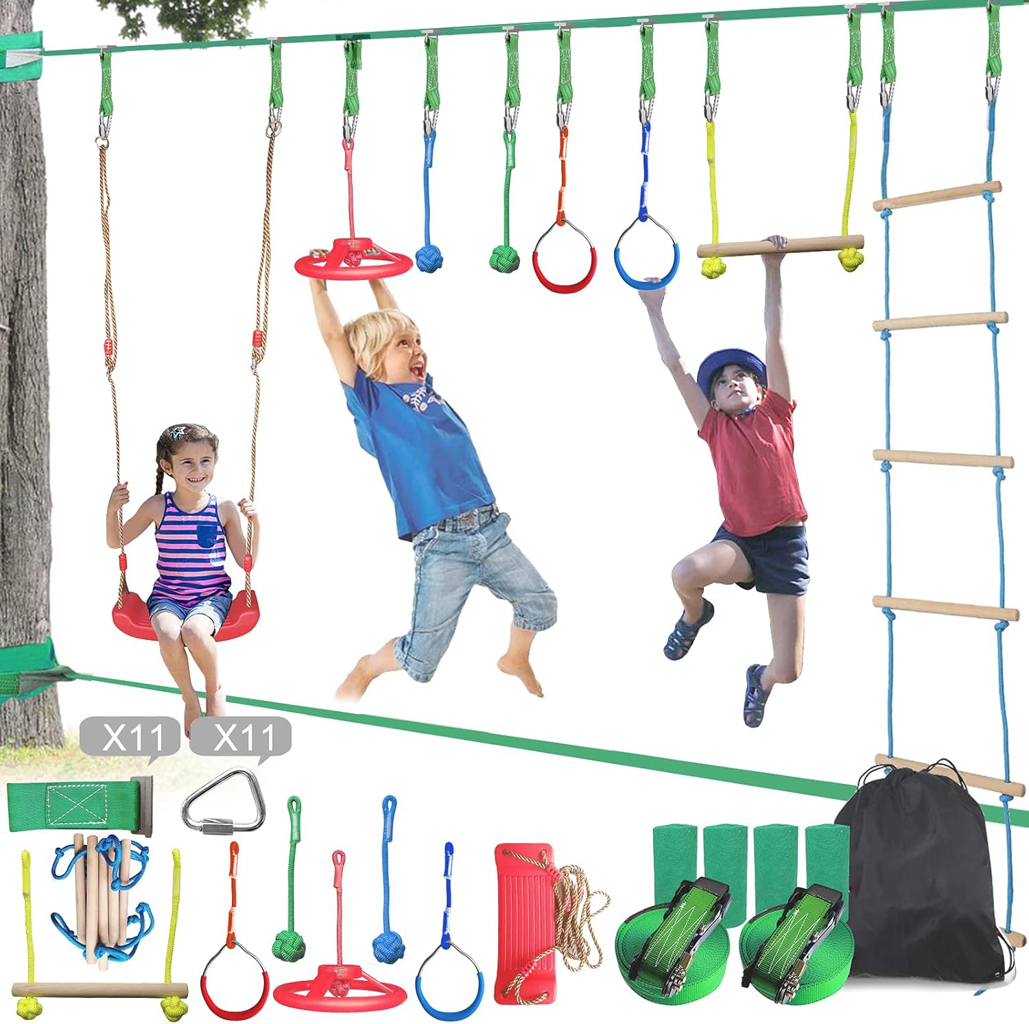Ninja Warrior Obstacle Course for Kids with 5 Play Modes,2X65FT Ninja Slackline with Swing,Ladder,Monkey Bars,Gym Rings,Rope Knots,Portable Training Equipment : Toys & Games