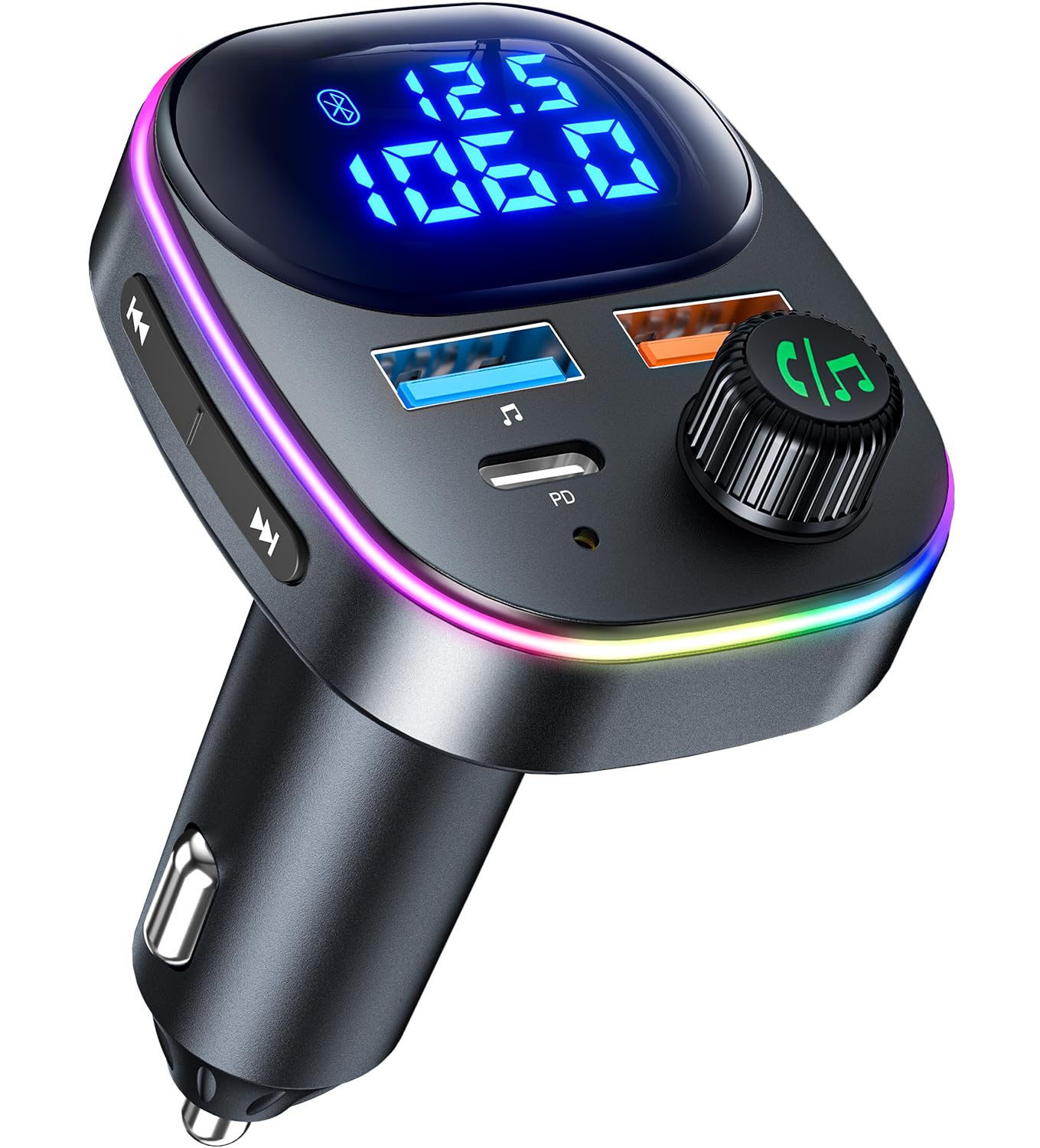 Bluetooth 5.3 FM Transmitter,38W KFZ Musik Adapter für Auto Radio,PD&QC3.0 Schnellladung mit Spannung Anzeige Freisprecheinrichtung,7-farbige LED-Hintergrundbeleuchtung USB-Stick