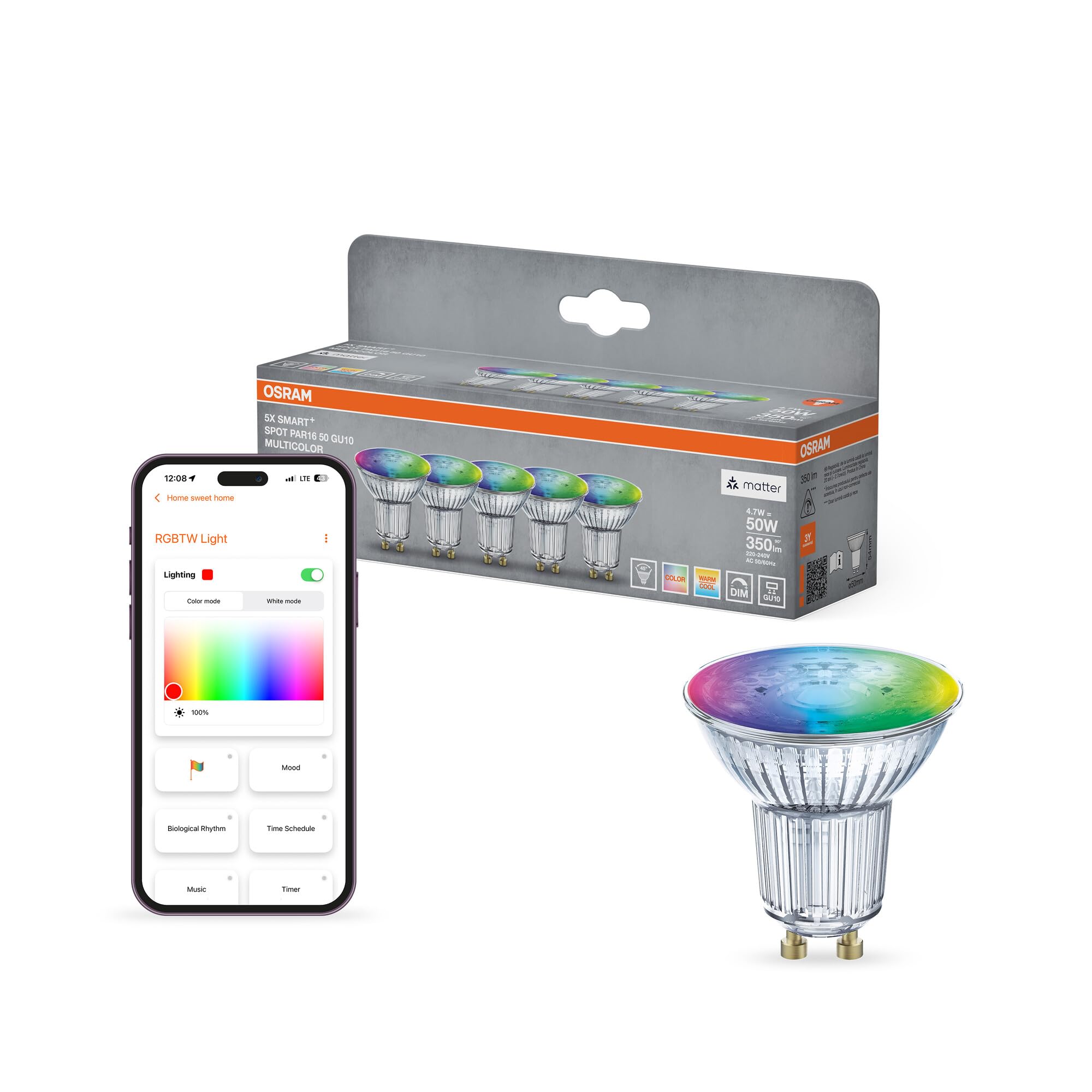 OSRAM SMART+ Foco LED RGB PAR16 (pack de 5, GU10, 5W) – RGB + luz blanca | , LED Lamps, 50 Millimetres dia, 20000 Hours, Paquete de 5