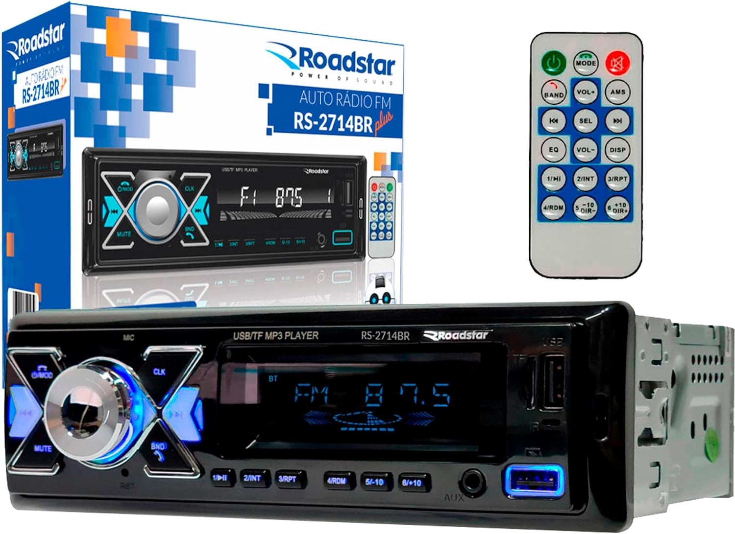 Roadstar RS-2714BR car radio, remote control, and packaging