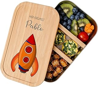 Manufaktur Liebevoll - Personalisierte Brotdose mit Fächern, Edelstahl Lunchbox mit Bambus Deckel u. Trenner, Nachhaltige Brotbüchse | Mädchen, Jungen (Motiv Rakete, Edelstahl | S)