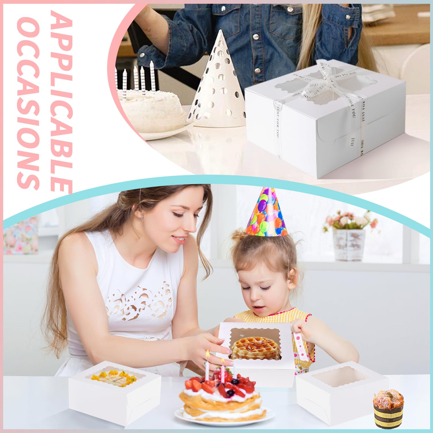 Cajas para tartas de 10 x 10 x 5 pulgadas, paquete de 24 cajas para tartas con ventana, cajas blancas para tartas de 10 pulgadas, cajas de panadería desechables para pasteles, galletas,