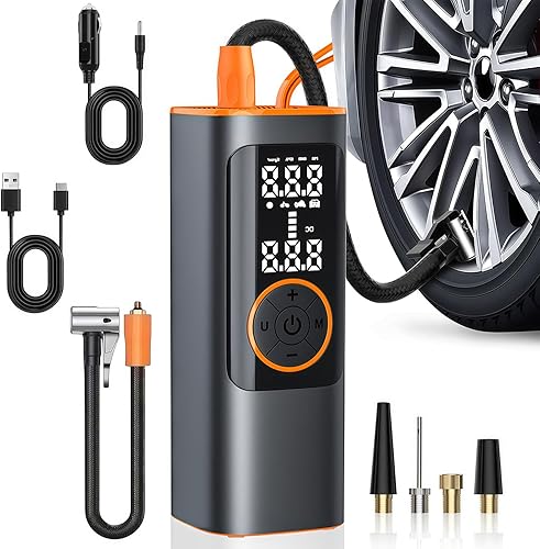 Compresor de aire portátil de inflado de neumáticos, 150 PSI, medidor de presión digital, 25 cilindros, adaptador de automóvil, pantalla LCD dual de