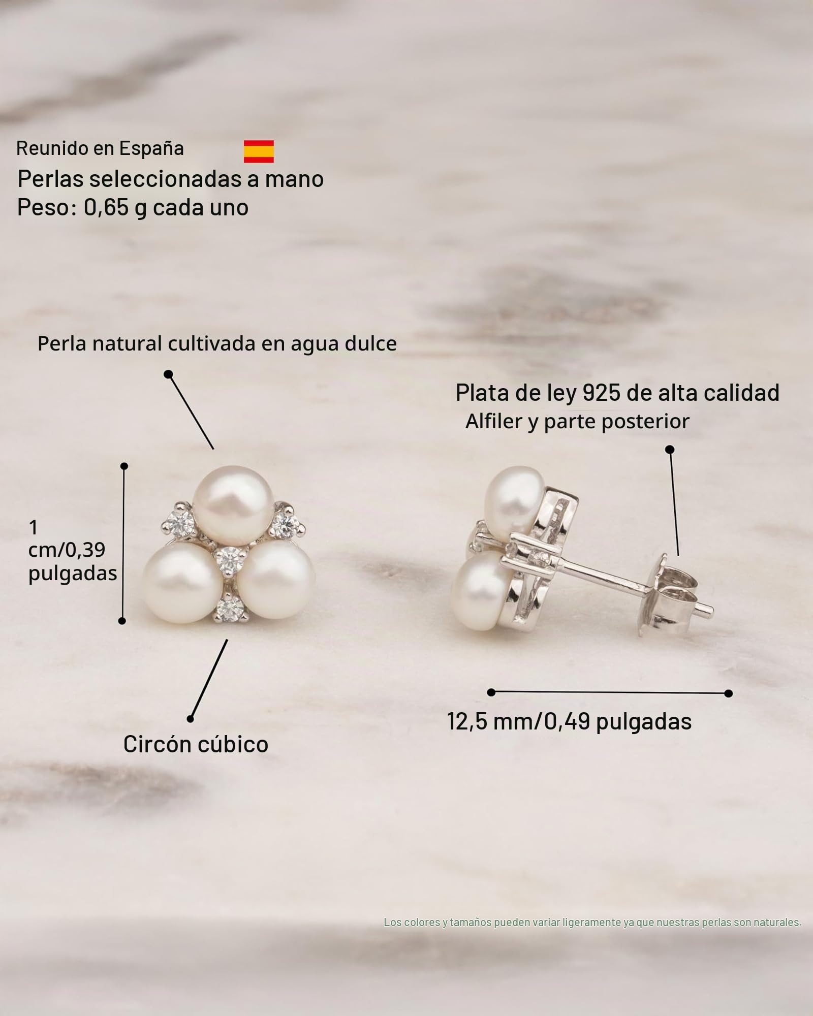 Pendientes de Mujer de Perlas Cultivadas de Agua Dulce Botón de 4-5 mm con circonitas Secret & You - Pendientes de Plata de Ley Rodiada de 925 Milésimas con Tuercas Grandes de Calidad.
