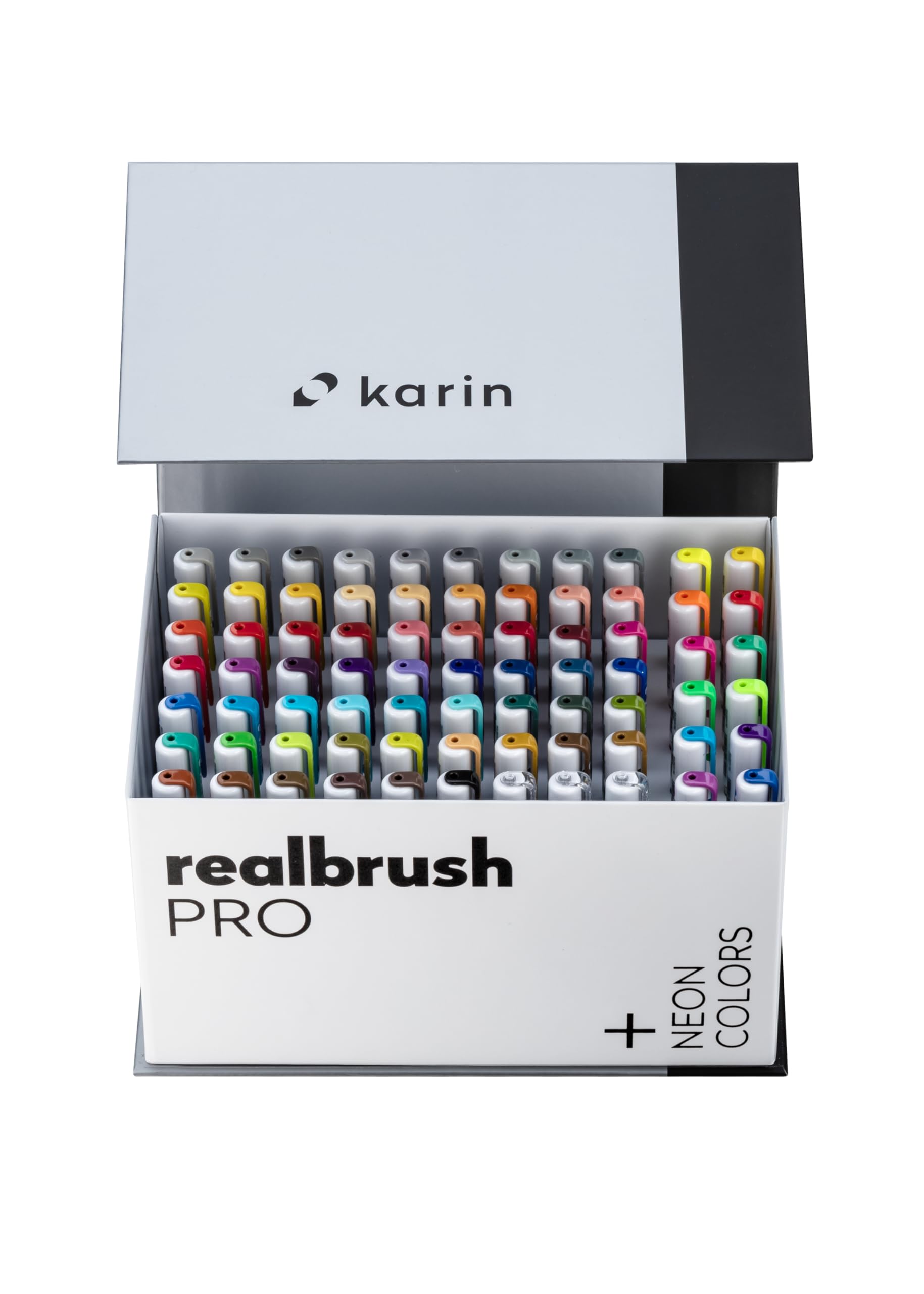 KARIN Realbrush PRO Mega Box PLUS – 72 kolory (w tym 12 neonowych kolorów) + 3 blendery w ekskluzywnym opakowaniu dla łatwego użytkowania.