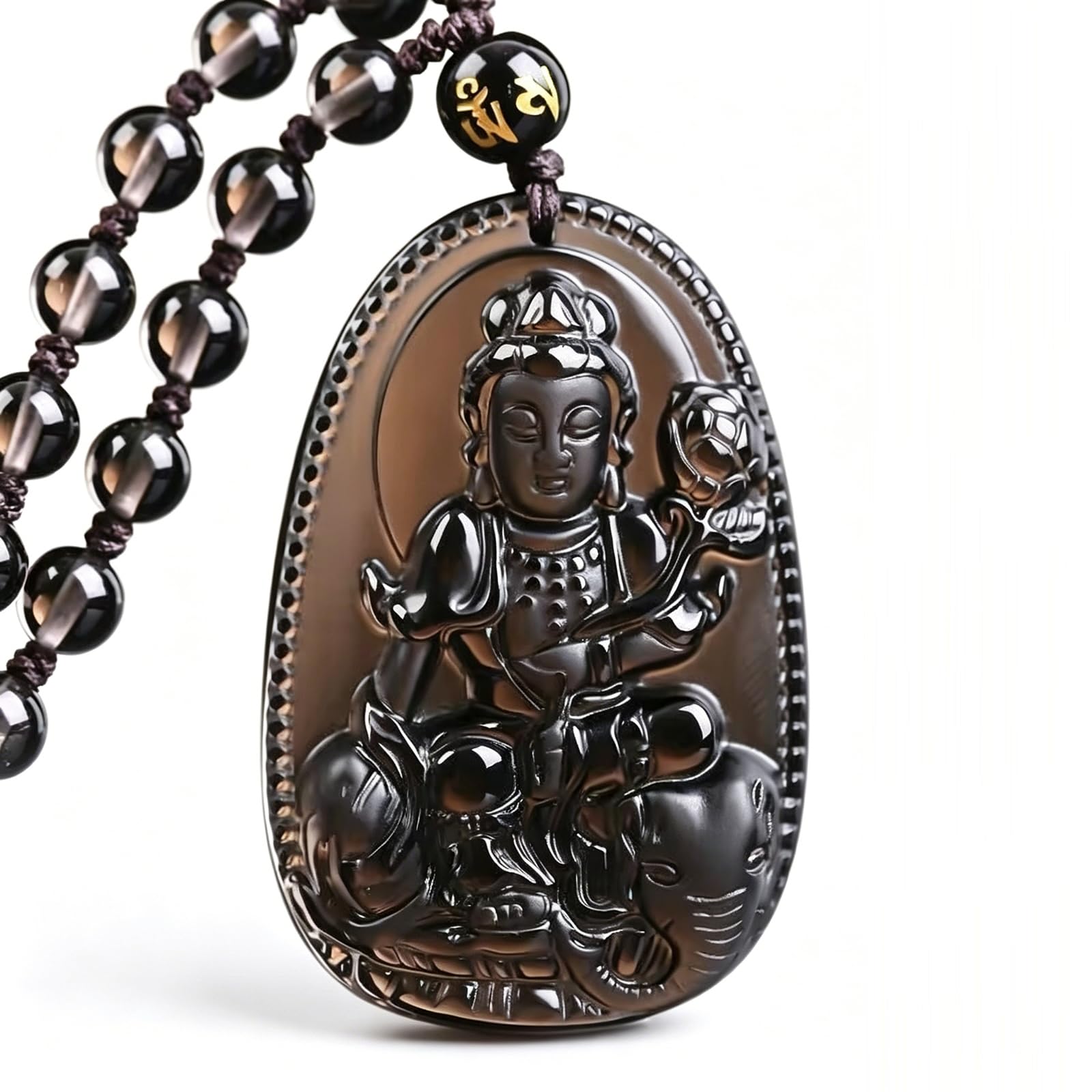 Phhxkkuo Black Obsidian Chinese Zodiac Guardian Buddha Pendant Necklace - Akasagarbha Samantabhadra Manjusri Bodhisattva Jewelry for Men Women Ben Ming Nian Gift,D,52 * 35 * 12mm