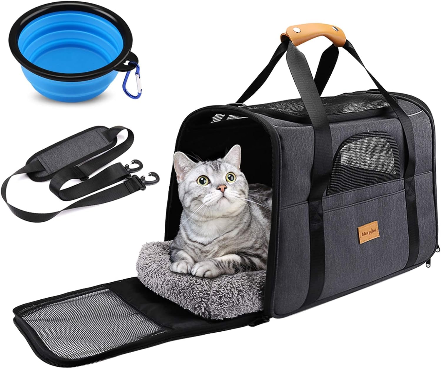 Avila Pet Carrier Bag for Puppies, Cats and Small Dogs, Transport Carrier, Airline Approved Pet Travel Carrier with Shoulder Strap, Removable Mat and Pet Bowl - Large (Black OR Dark Gray)