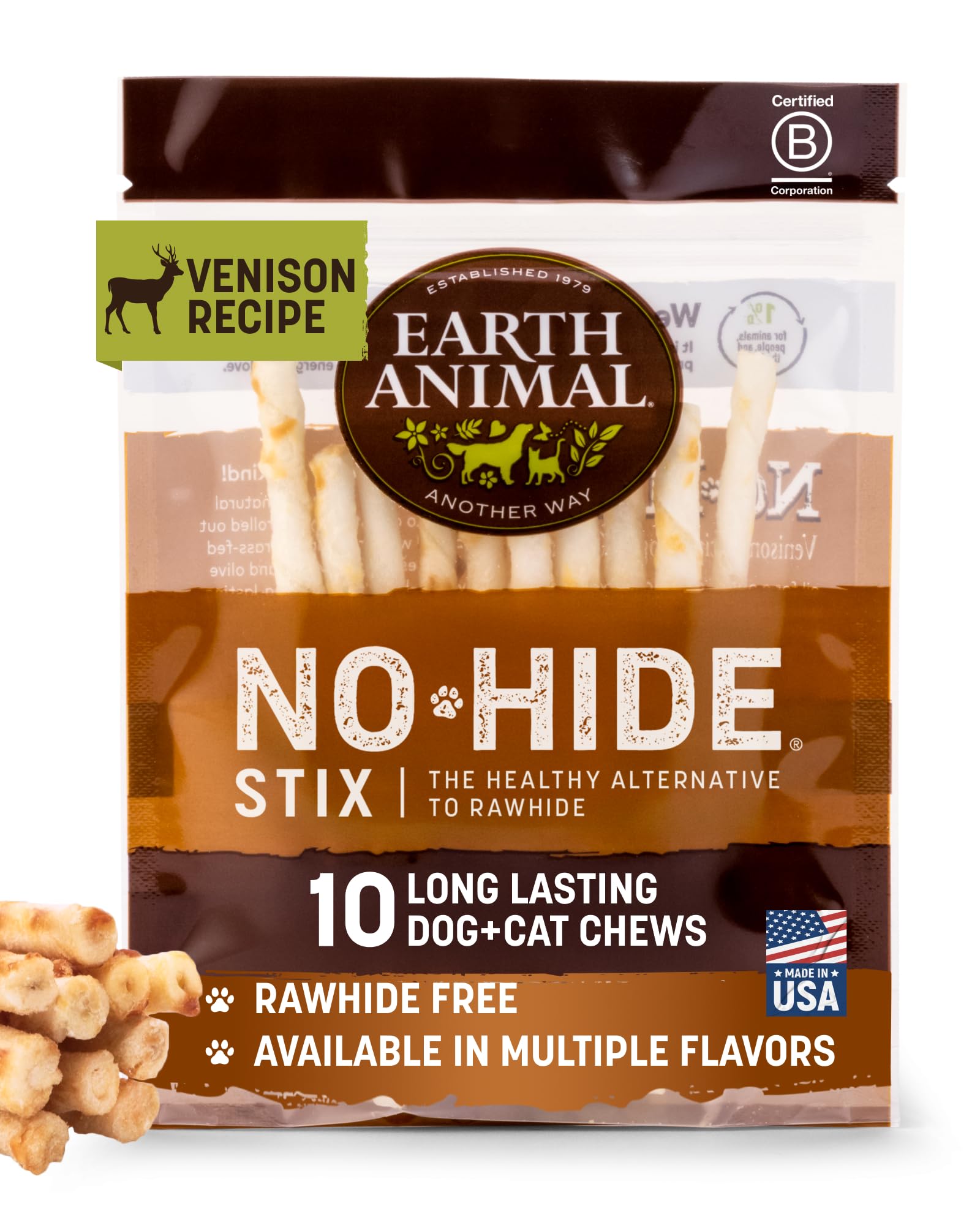 Earth Animal No Hide Stix - Long Lasting Rawhide Free Small Dog Chews Sticks, Venison - 10 Count