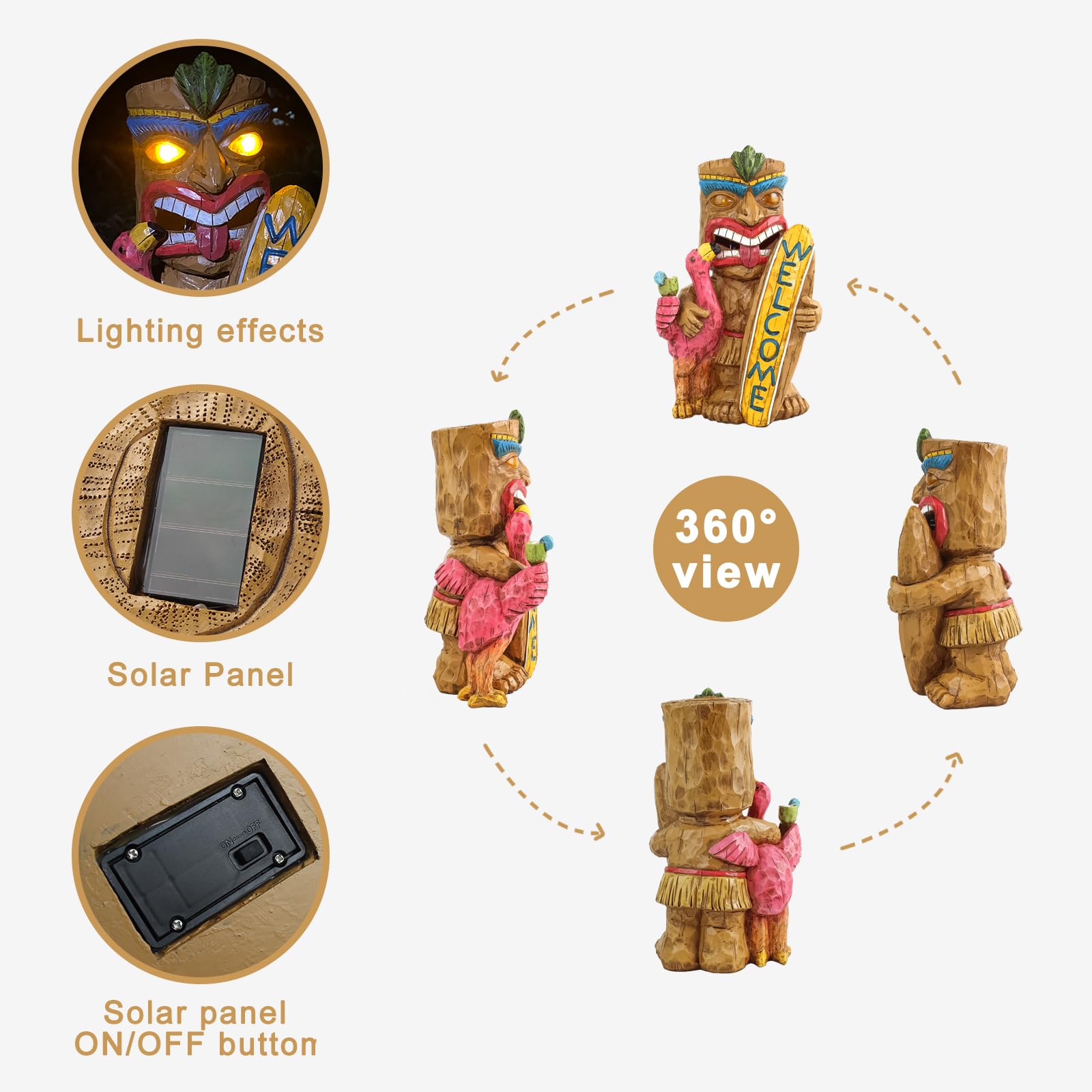Solar Tiki Gartenstatue Outdoor Dekor mit Flamingo Wasserdichtes Willkommensschild für Tiki Bar, Terrasse, Balkon, Hof, Rasen, Haustürdekorationen, Gartengeschenk für Tiki-Mann