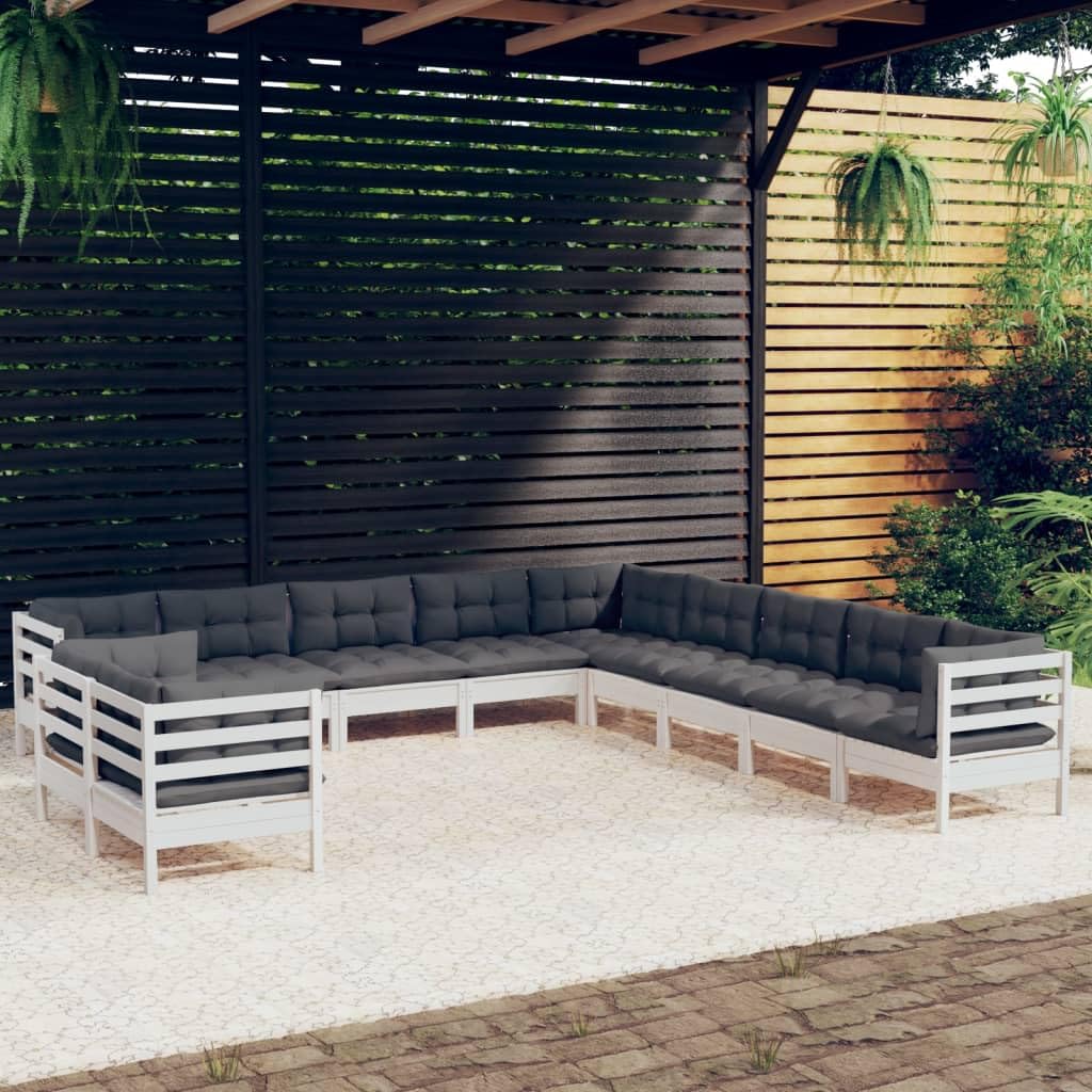 Juego de muebles de jardín con cojines de madera maciza de pino, 11 piezas, para terraza y jardín, soporta hasta 110 kg por asiento