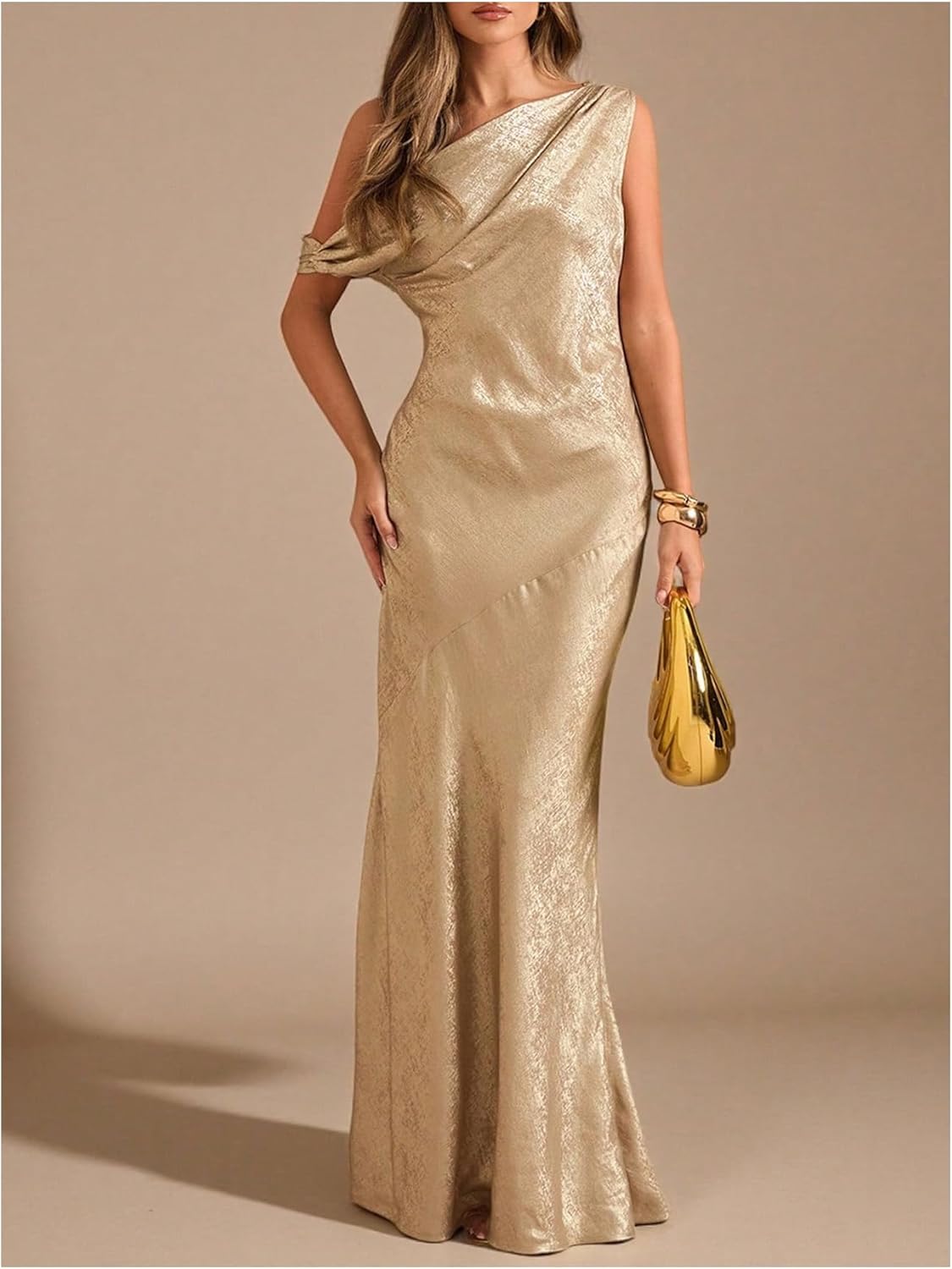 OYOANGLE Women's Metallic Off The Shoulder Bodycon Fishtail Maxi Dress Ruched Party Evening Cocktail Dresses - Image 5